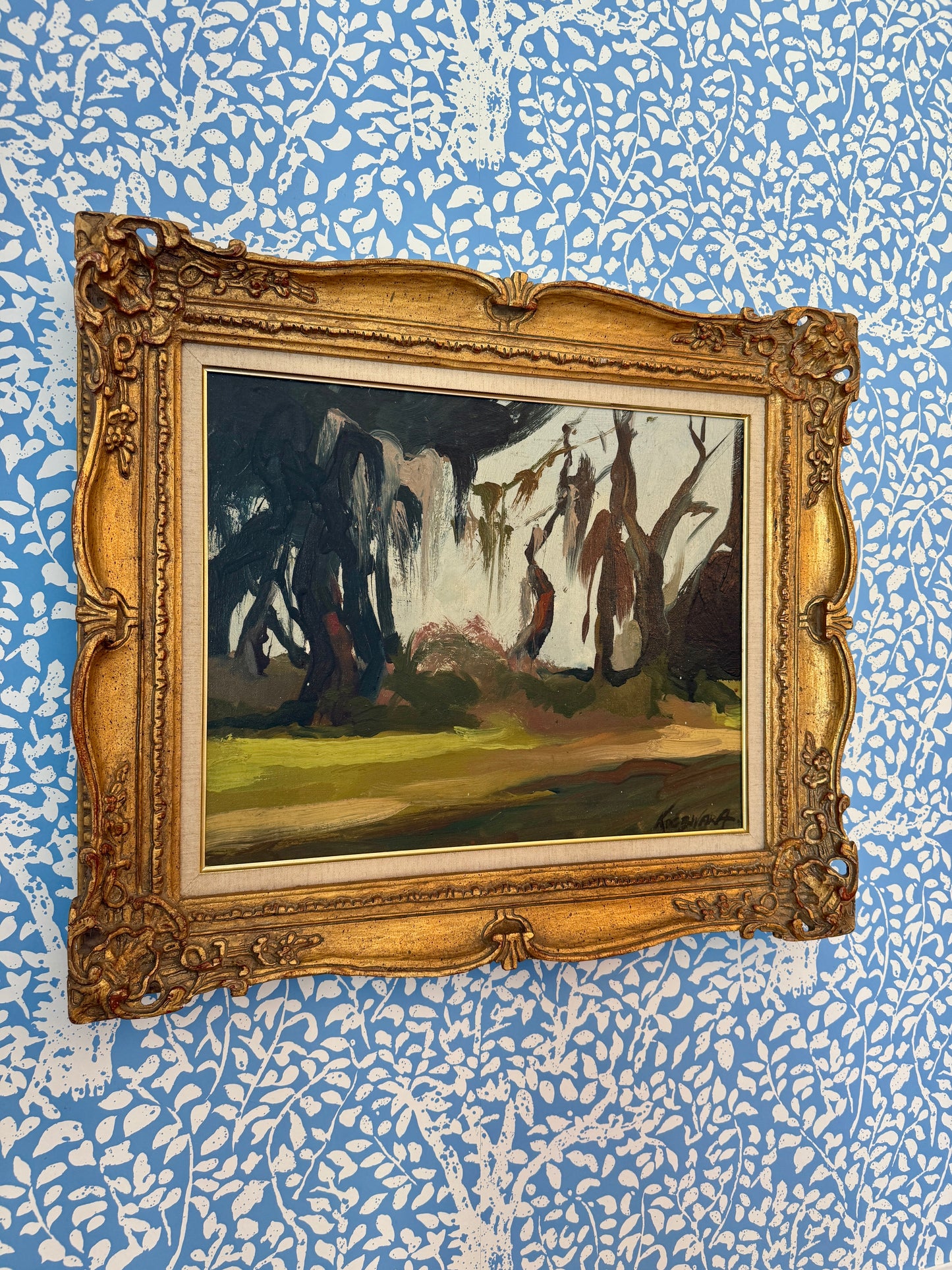 Chris Trella Koczwara Blue Green Abstract Landscape Oil Painting in Ornate Gold Frame