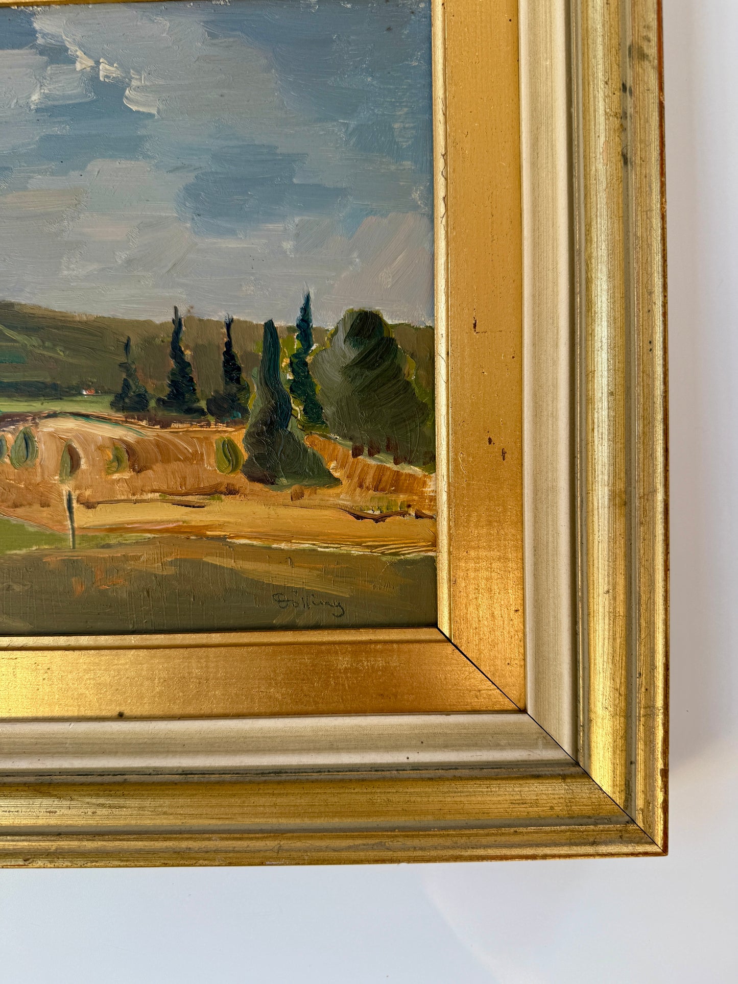 Blue Green Vintage Impressionist Summer Farm Landscape Oil Painting in Gold Frame