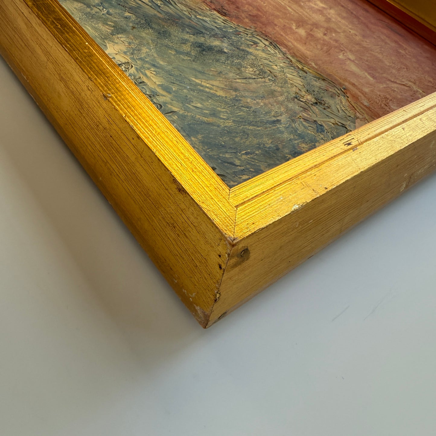 1969 Vintage Abstract Blue Pink Greenland Landscape Oil Painting on Canvas in Gold Frame