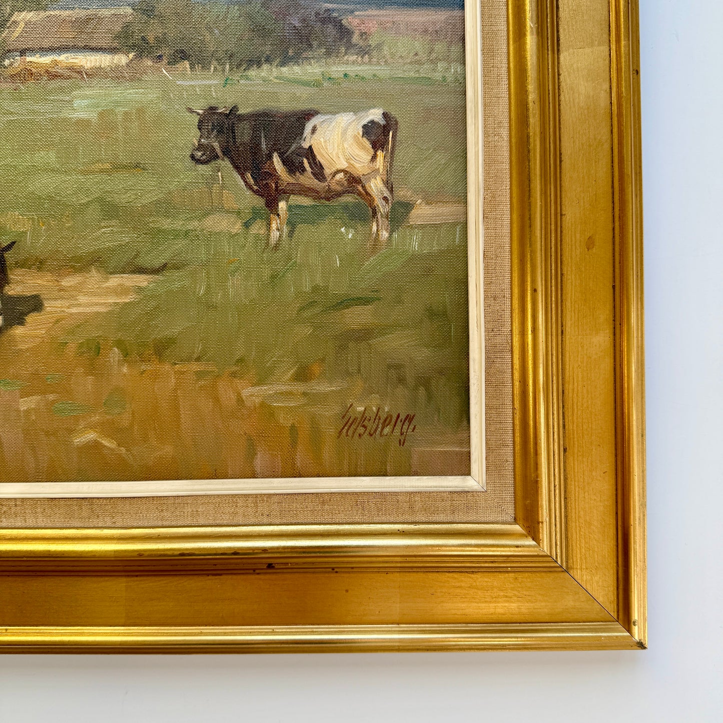Knud Erik Edsberg 1954 and Cow in Meadow Landscape Oil Painting in Gold Frame