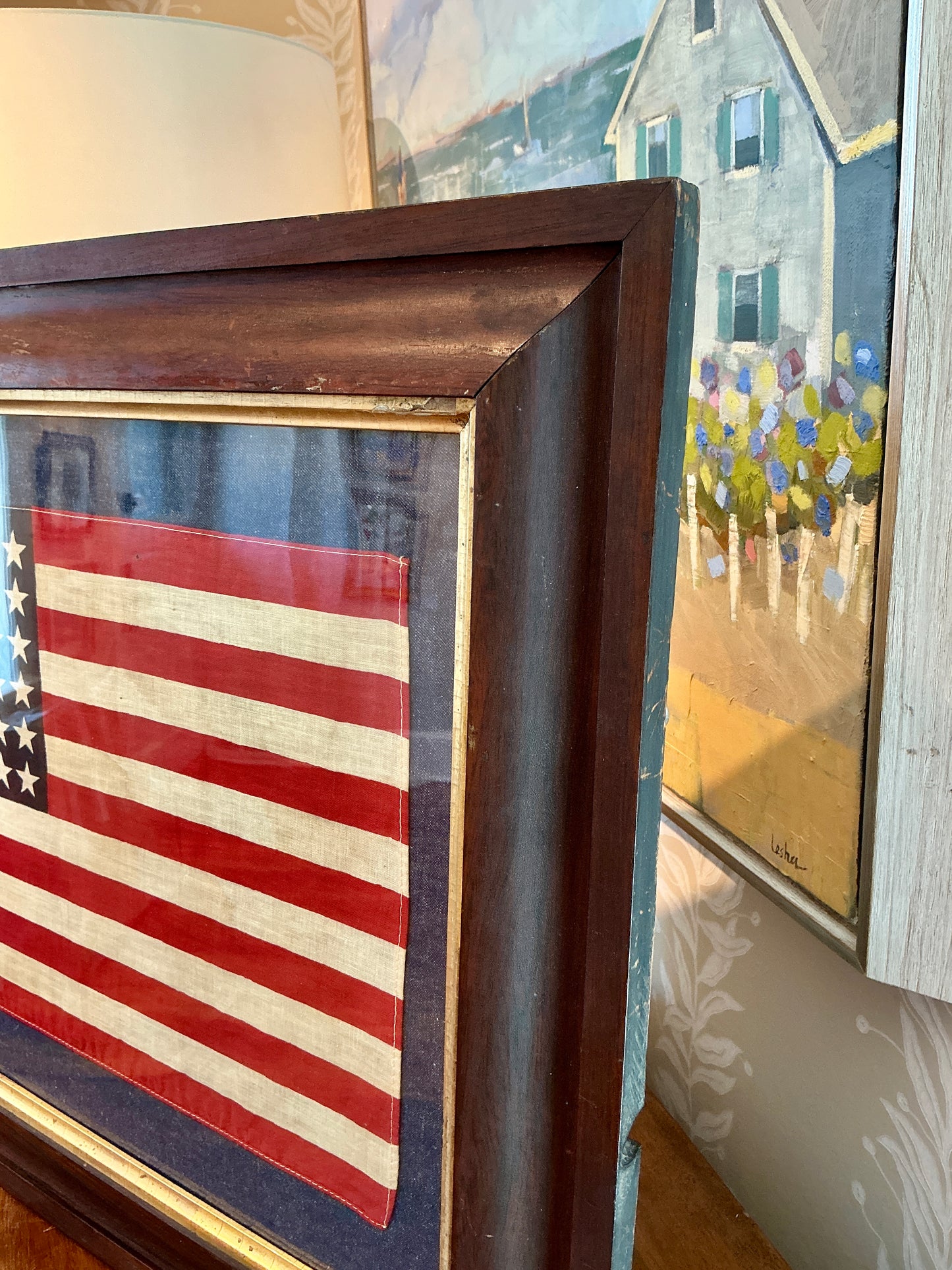 Vintage 48 Star American Flag on Dark Chambray in Antique Walnut Frame with Gilded Liner
