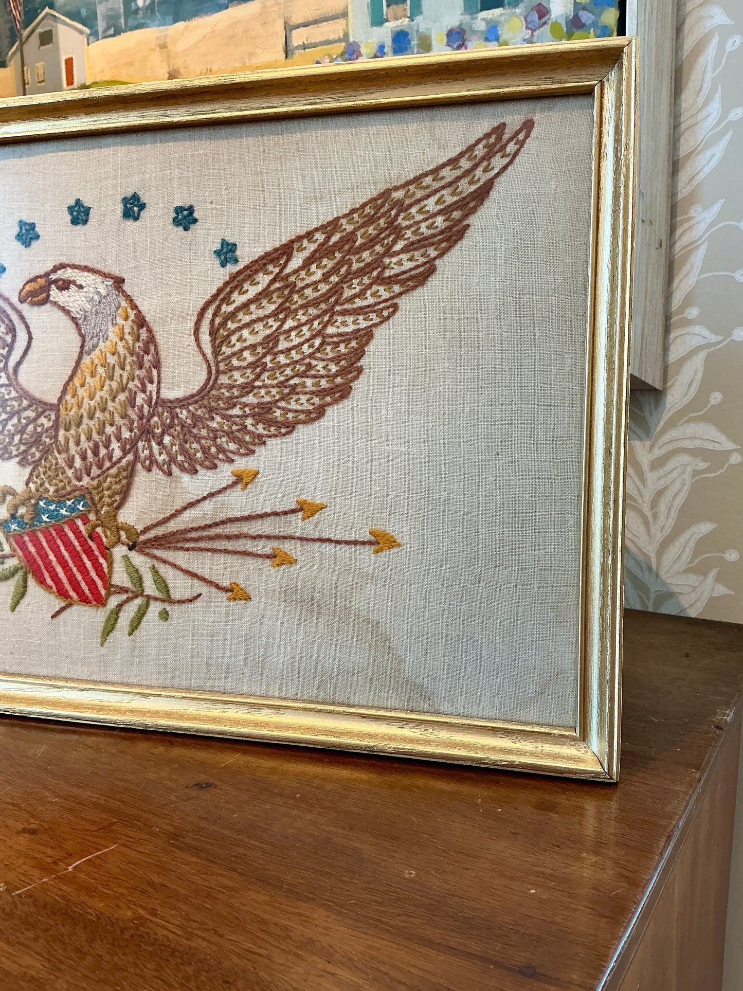 Vintage Bald Eagle Linen Americana Embroidery in Gold Frame