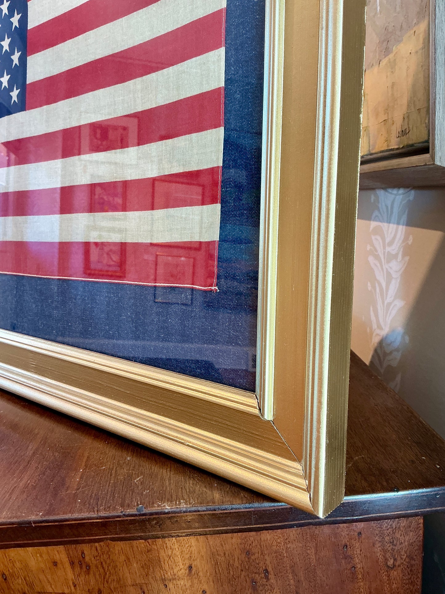 Vintage 50 Star American Flag on Dark Chambray in Gold Frame