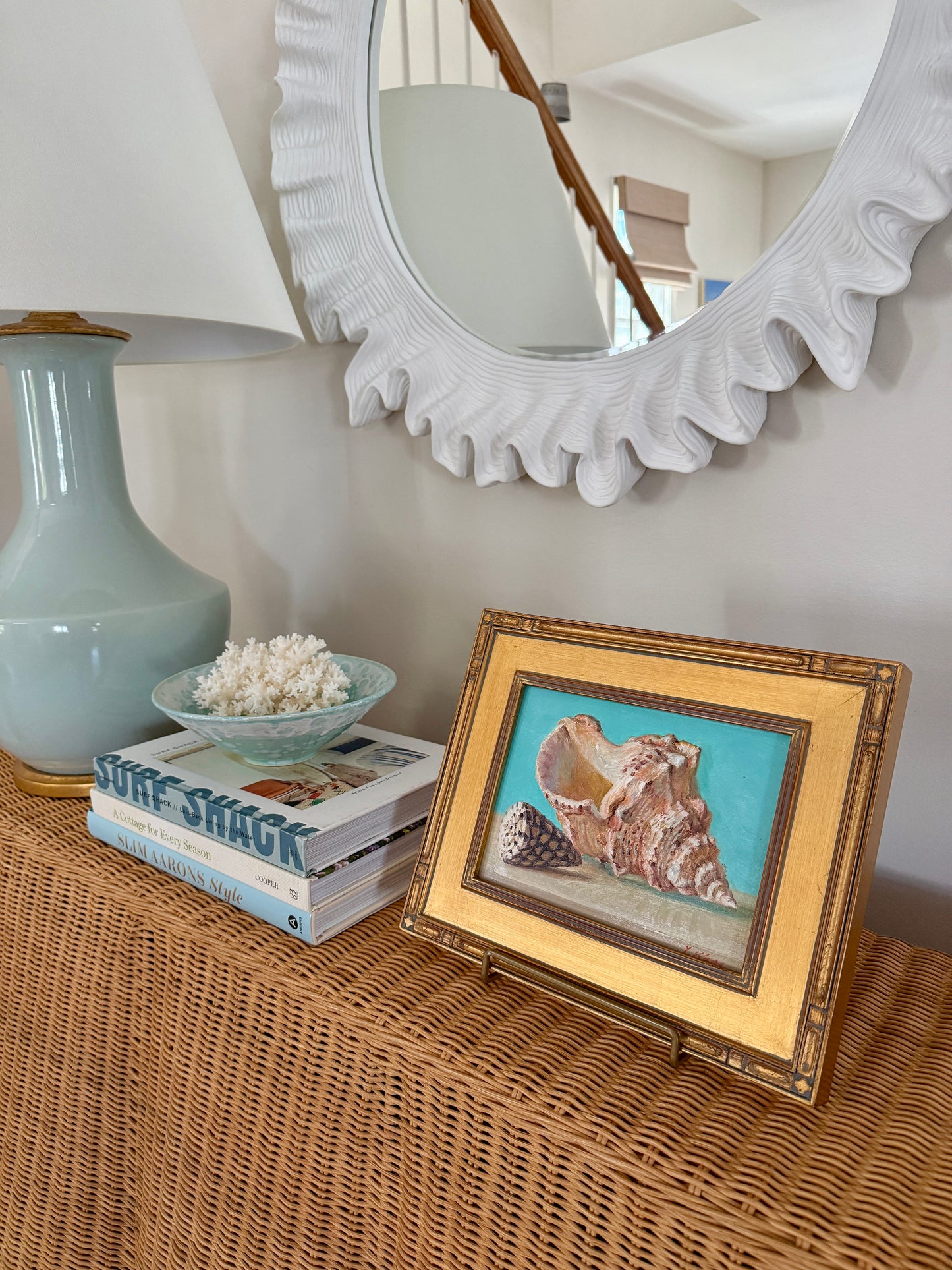 Summer Brights Conch and Cone Shell Still Life Oil Painting in Gold Frame