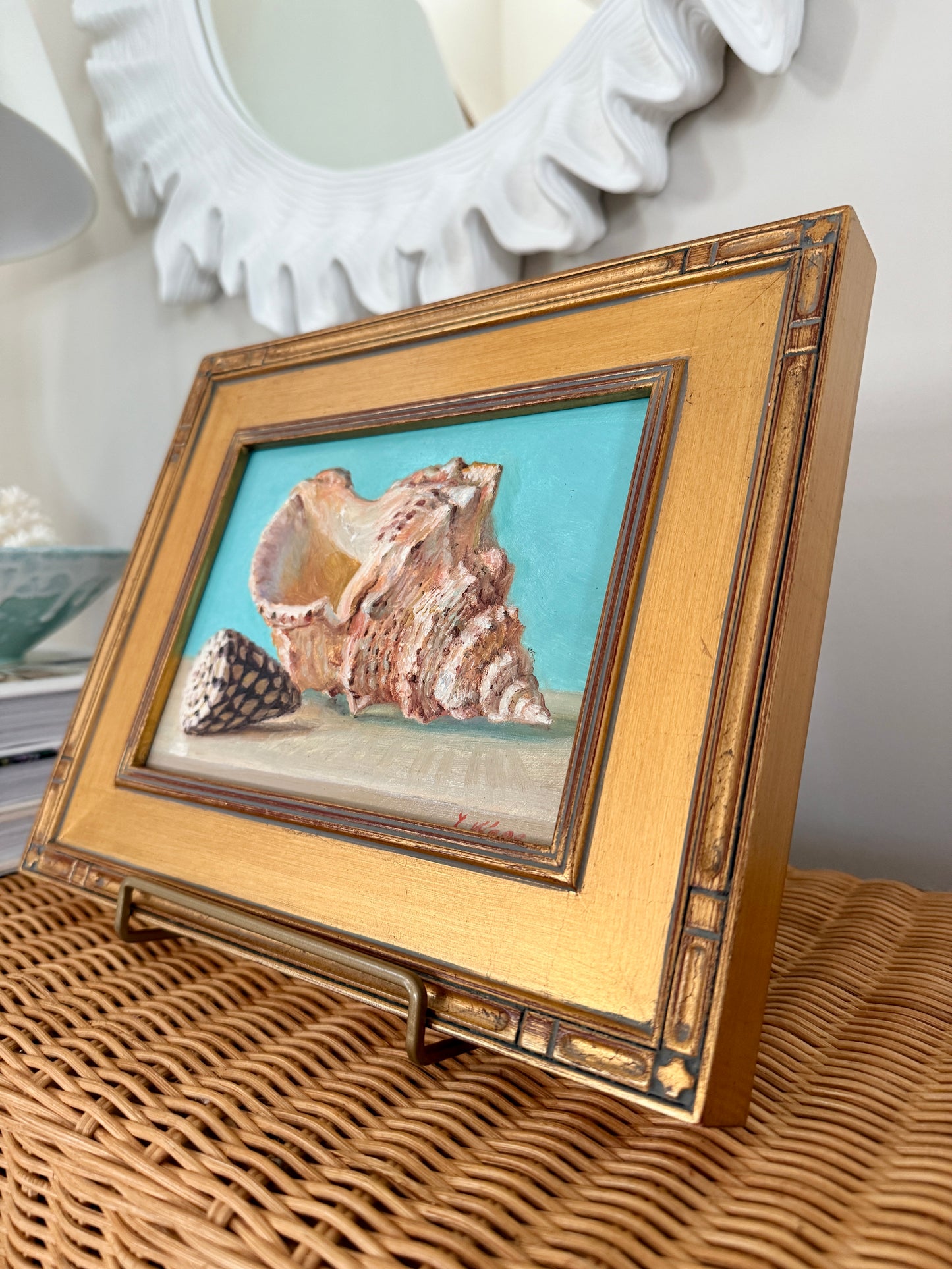 Summer Brights Conch and Cone Shell Still Life Oil Painting in Gold Frame