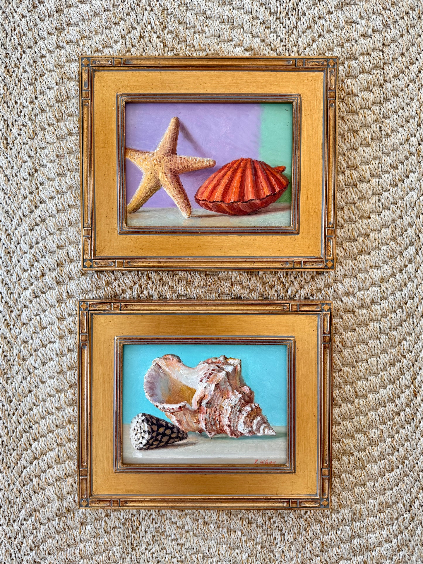 Summer Brights Conch and Cone Shell Still Life Oil Painting in Gold Frame