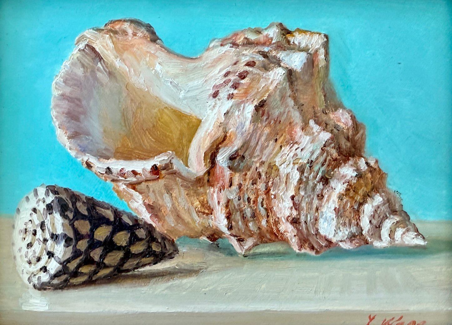 Summer Brights Conch and Cone Shell Still Life Oil Painting in Gold Frame