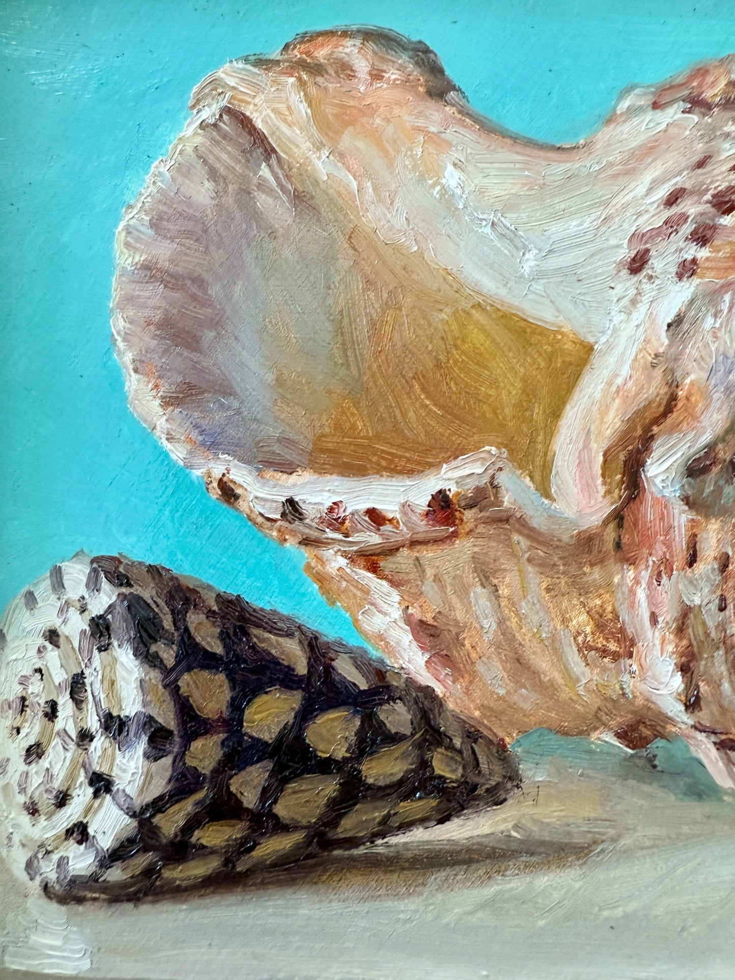 Summer Brights Conch and Cone Shell Still Life Oil Painting in Gold Frame
