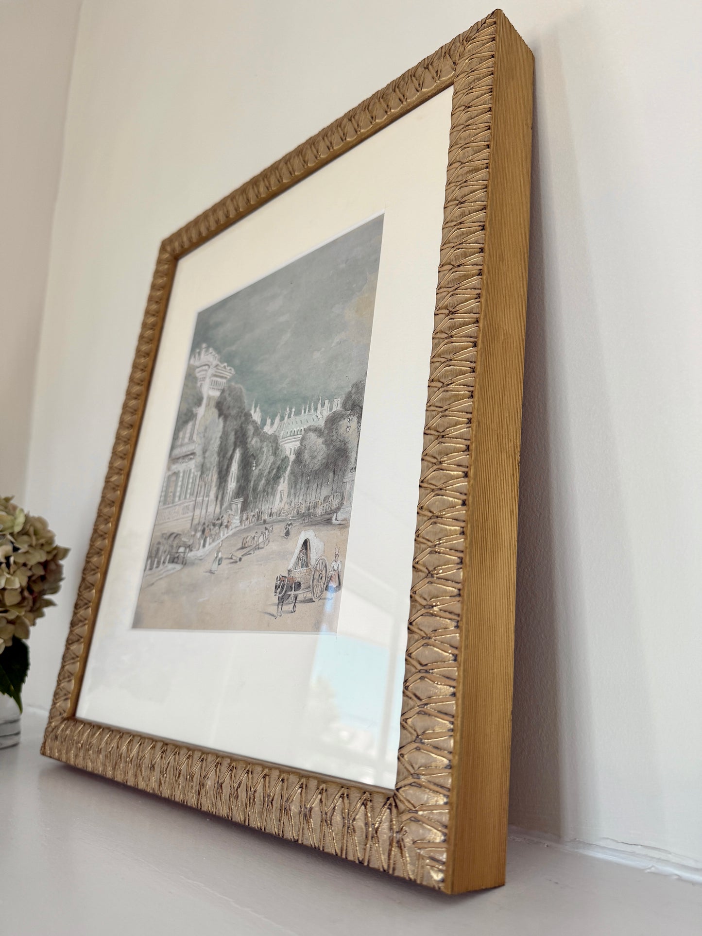 1833 French Street Scene Boulevard des Italiens Paris France Watercolor Painting in Gold Frame