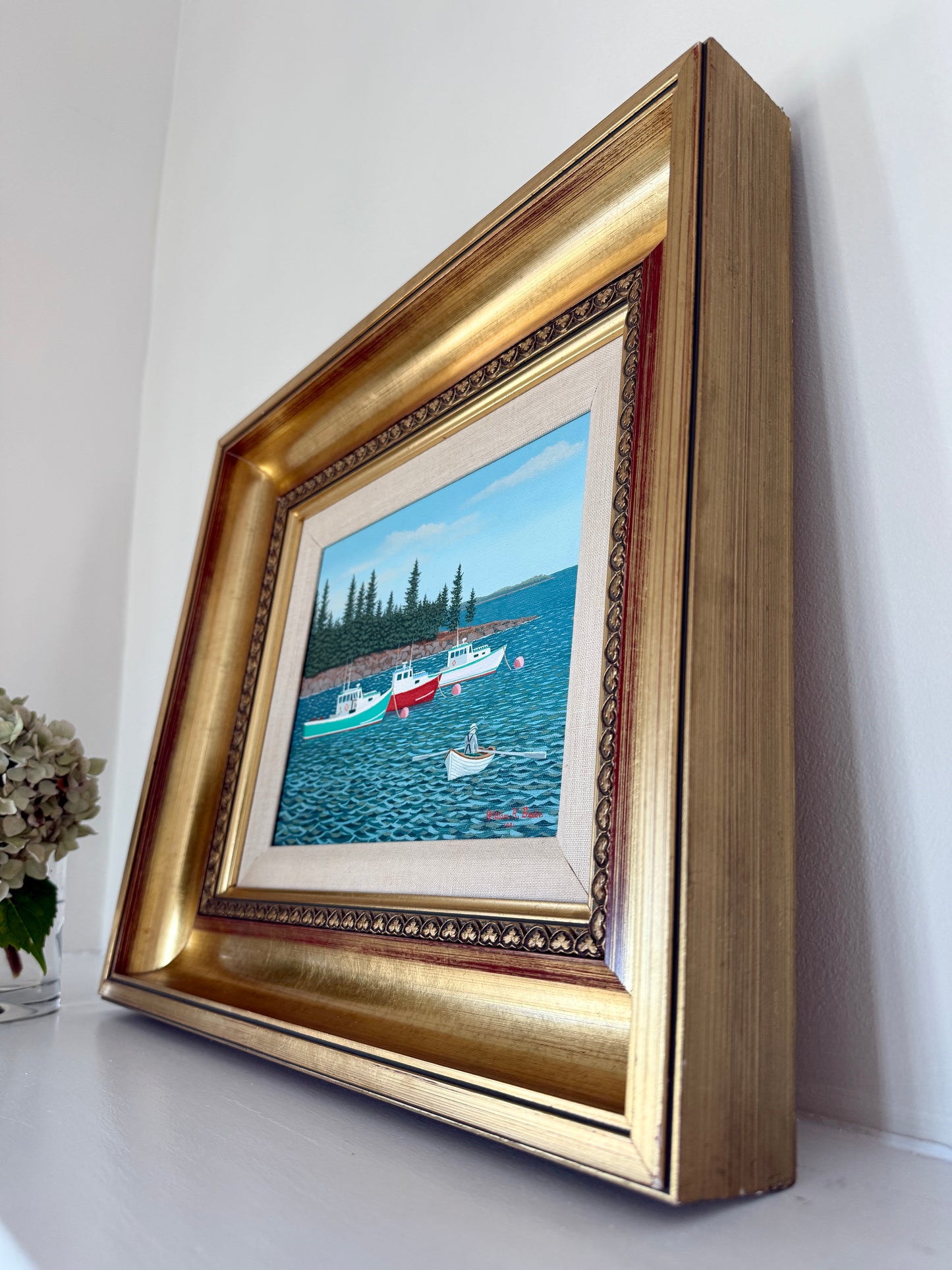 William Beebe Three Lobster Boats in Maine Seascape Oil Painting in Gold Frame