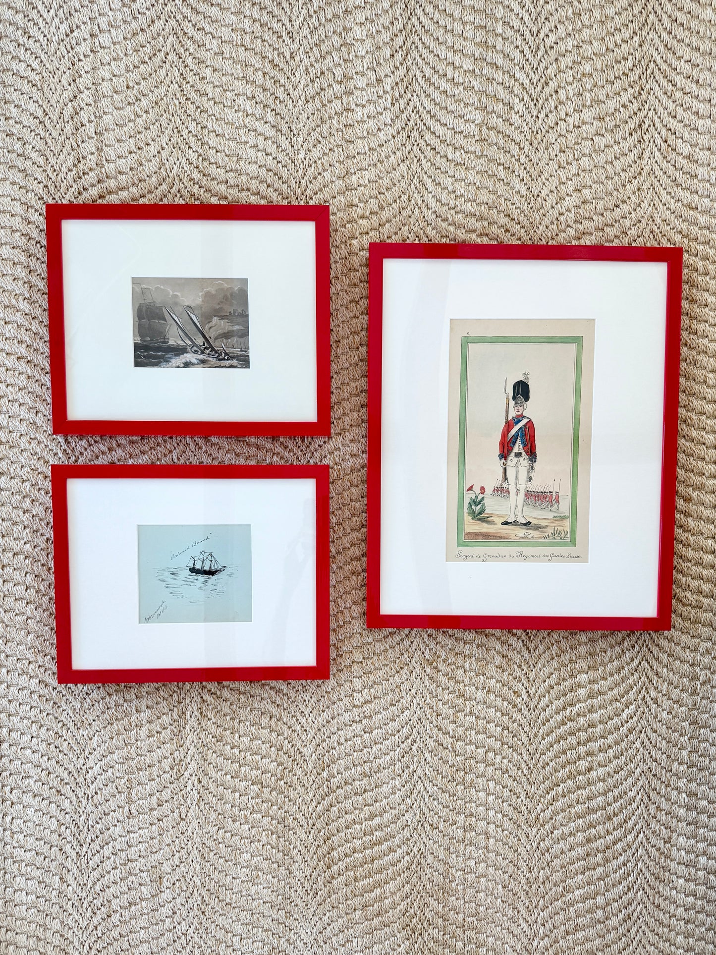 1906 Outward Bound Antique Ship Portrait Drawing in Red Lacquered Frame