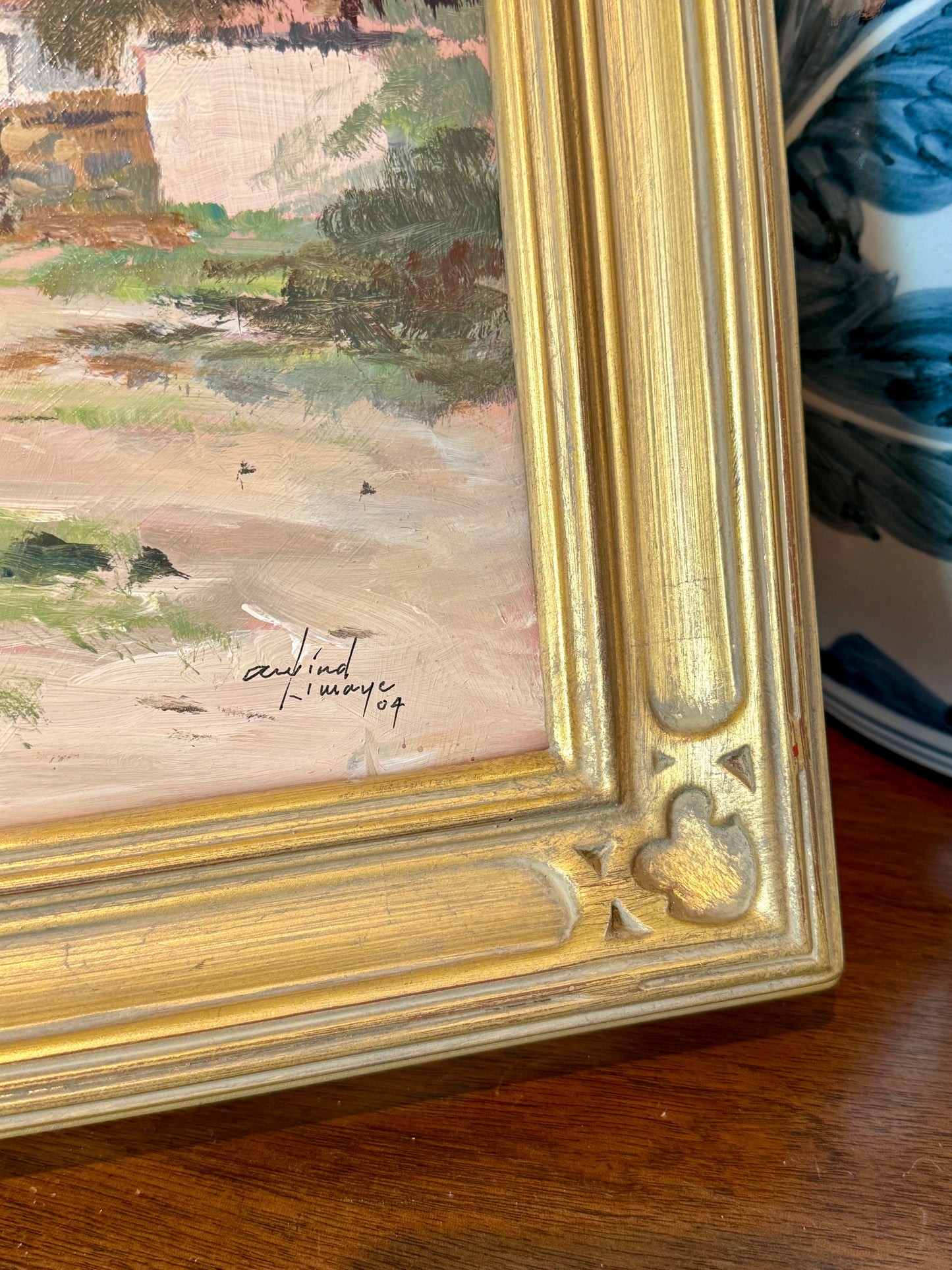 Vinatge Country Ramblers Hillside Landscape Oil Painting on Board in Gold Frame