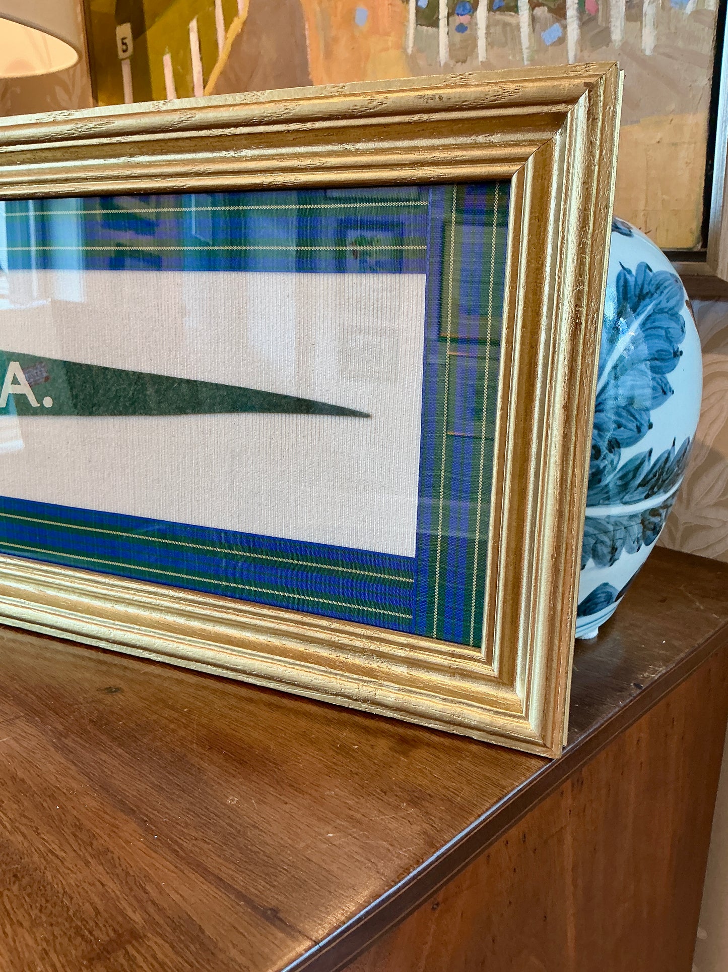 Vintage Mount Pocono Pennant on Ivory Corduroy with Plaid Trim in Gold Frame