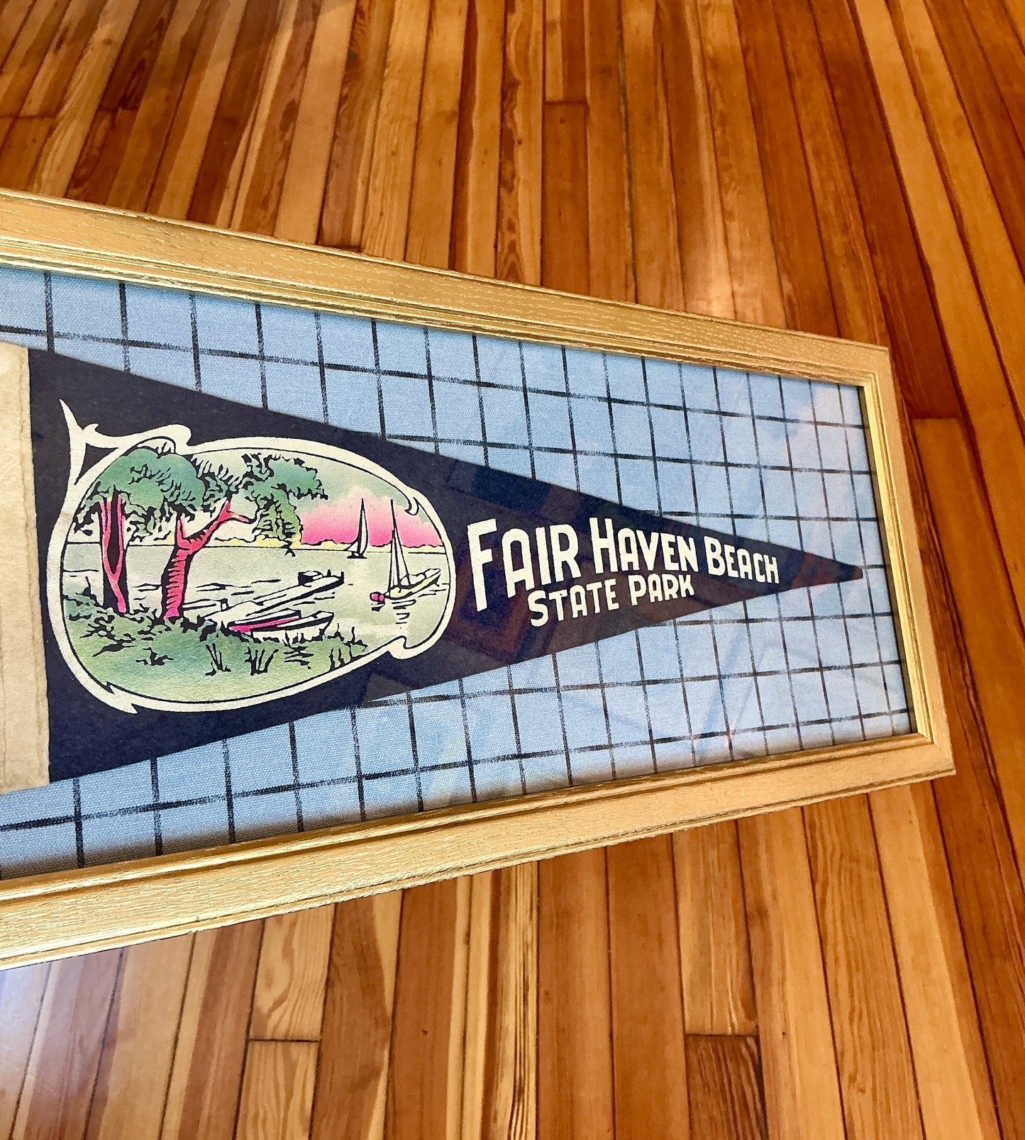 Vintage Fair Haven New Jersey Beach Pennant on Blue Windowpane in Gold Frame