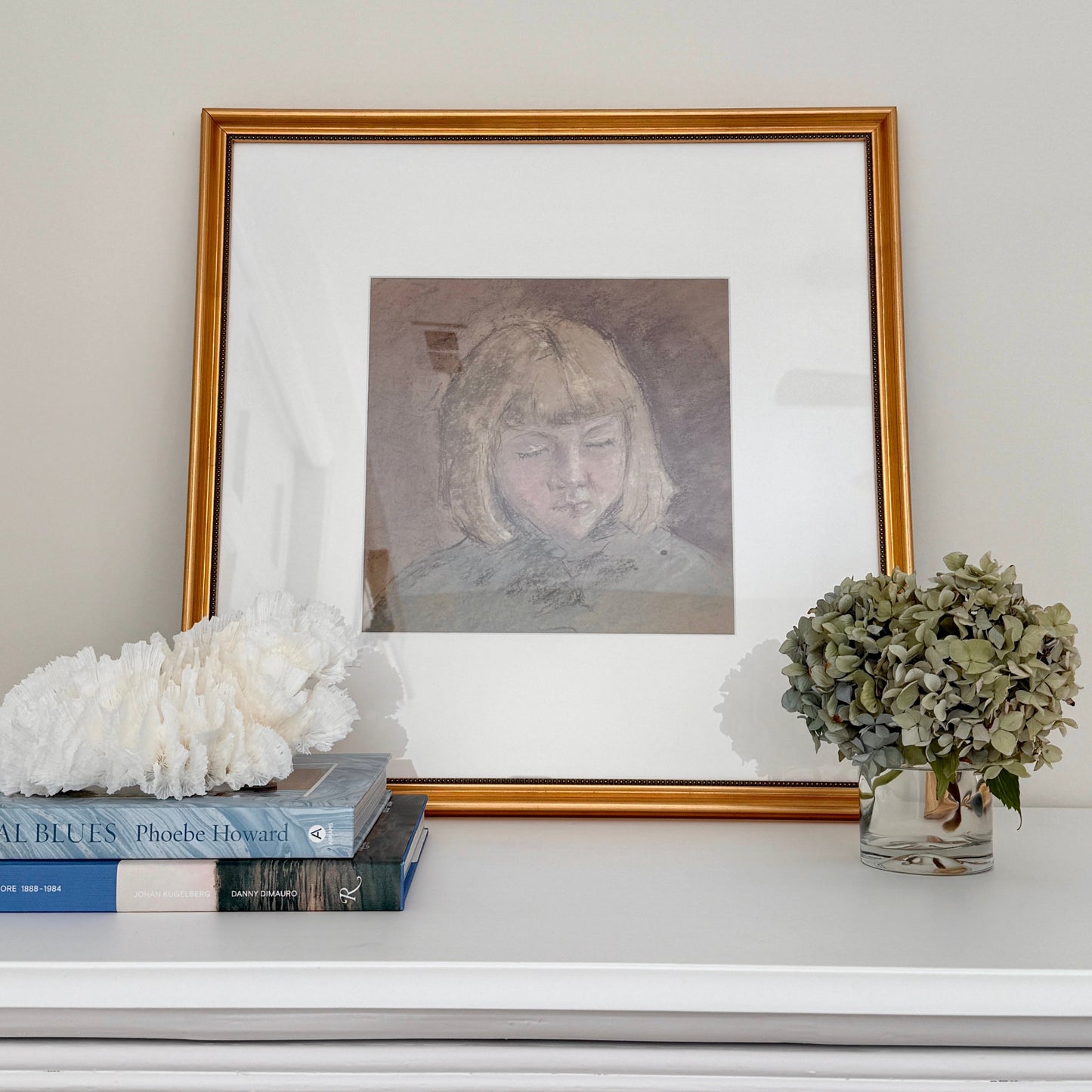 Vintage Portrait of Blonde Girl with Bob Pastel in Gold Beaded Frame