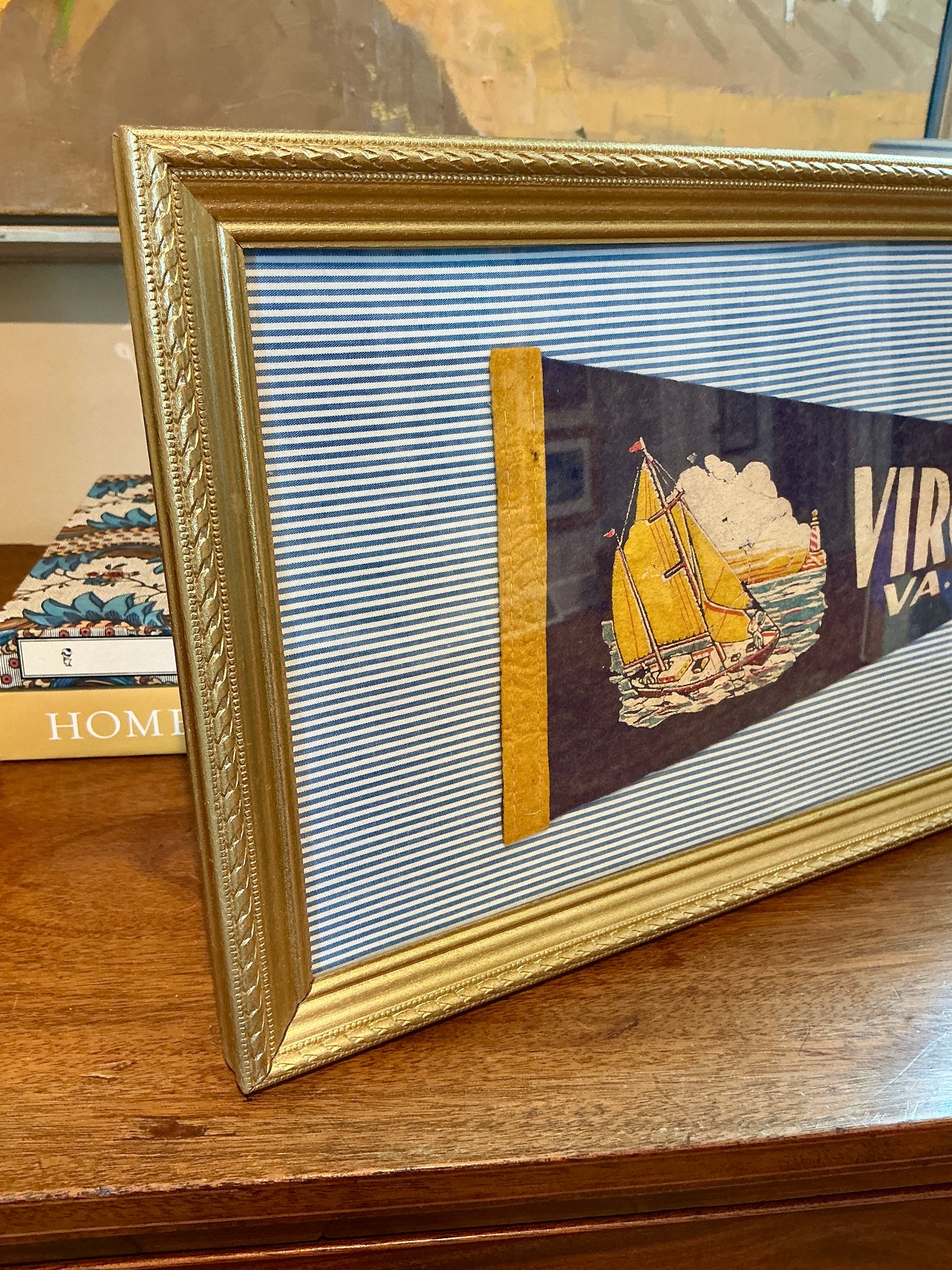 Vintage Virginia Beach Sailboat Pennant on Blue Ticking Stripes in Gold Frame