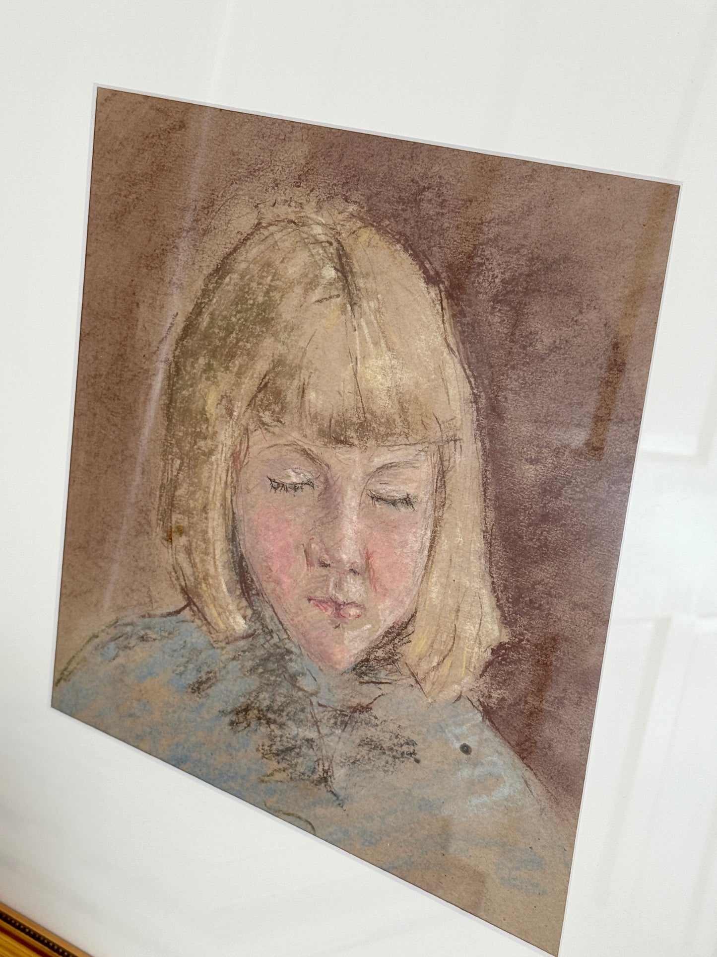 Vintage Portrait of Blonde Girl with Bob Pastel in Gold Beaded Frame