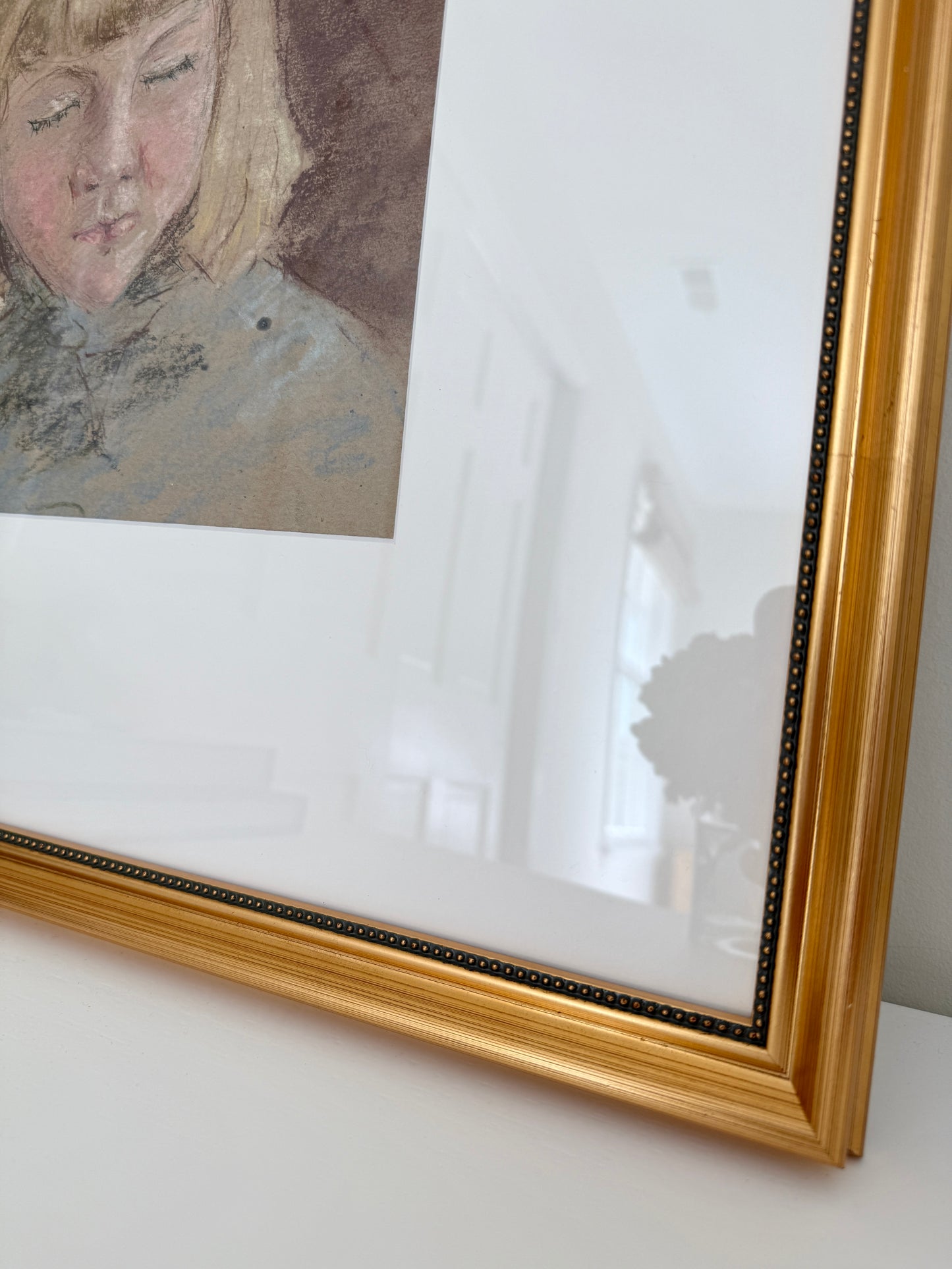 Vintage Portrait of Blonde Girl with Bob Pastel in Gold Beaded Frame