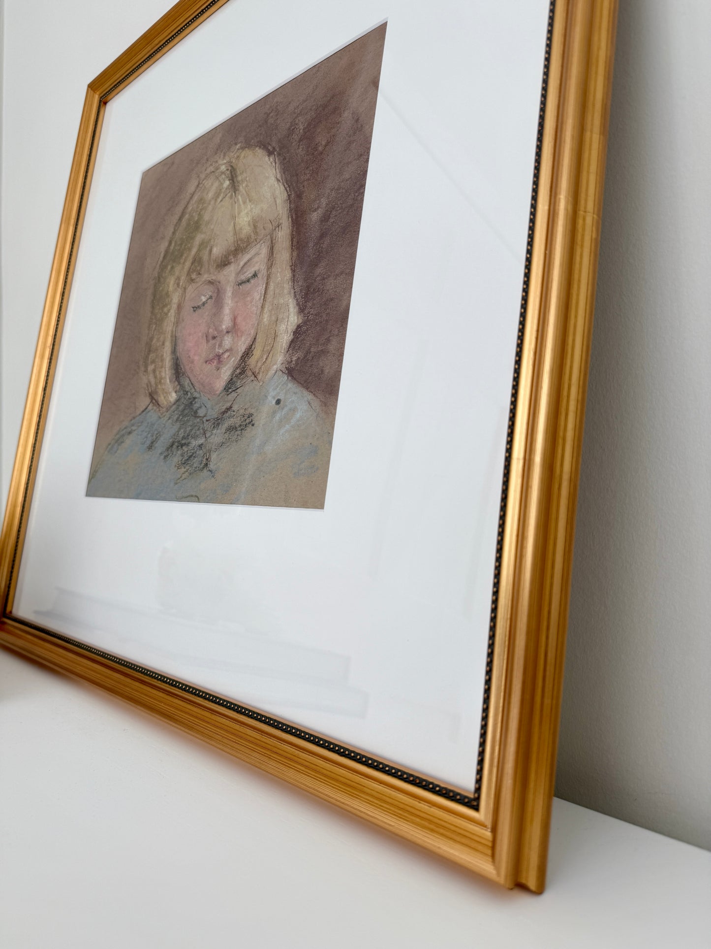 Vintage Portrait of Blonde Girl with Bob Pastel in Gold Beaded Frame