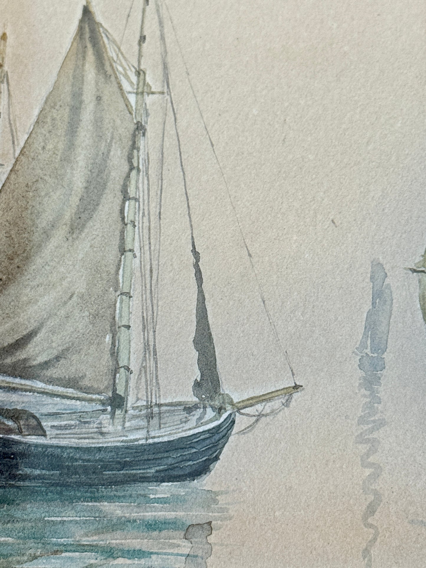 Early 20th Century Antique Sailboats in Seascape Watercolor Painting in Gilded Frame