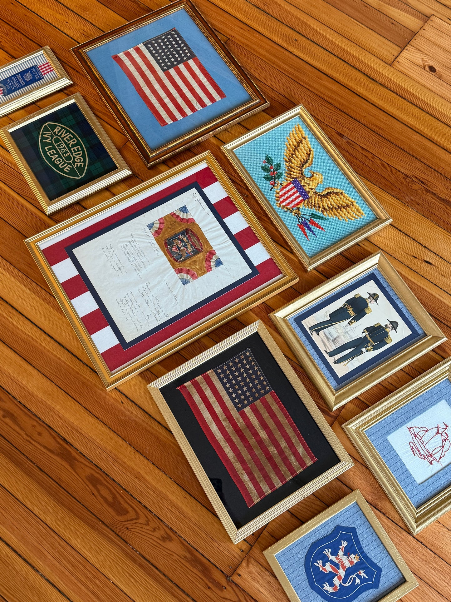 1931 National Society Daughters of the American Revolution Continental Congress Voter Ribbon on Blue Oxford Stripes and Red Gingham in Gold Frame