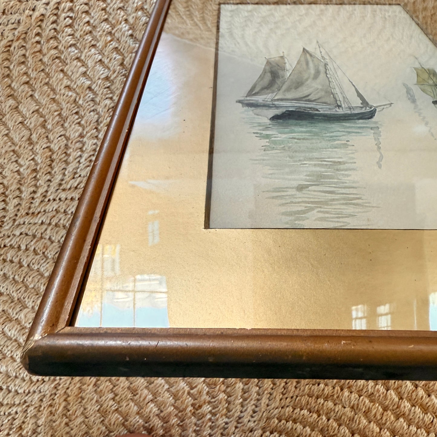 Early 20th Century Antique Sailboats in Seascape Watercolor Painting in Gilded Frame