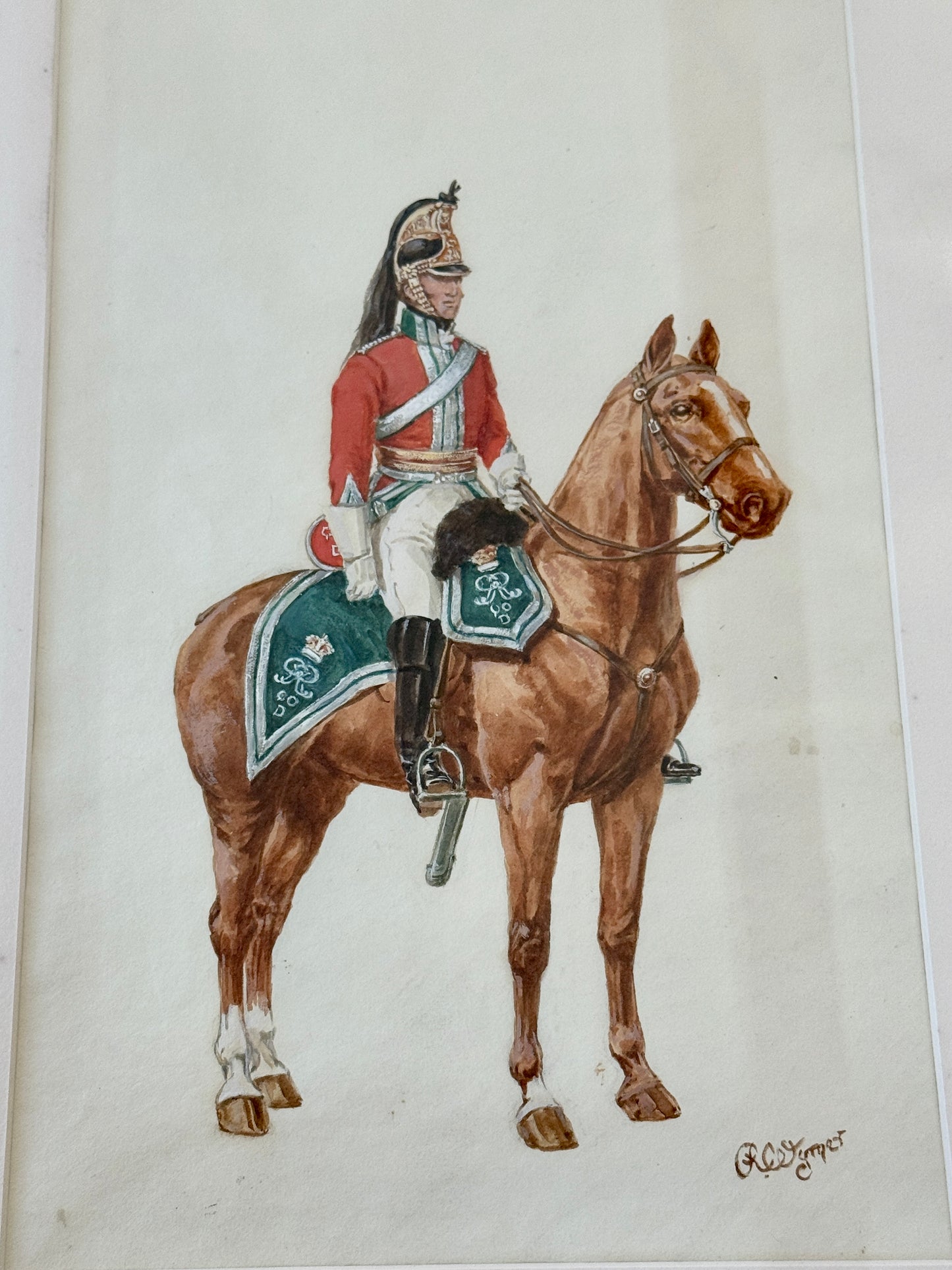 Reginald Augustus Wymer Antique Portrait of a Soldier in Red on Horseback Watercolor Painting