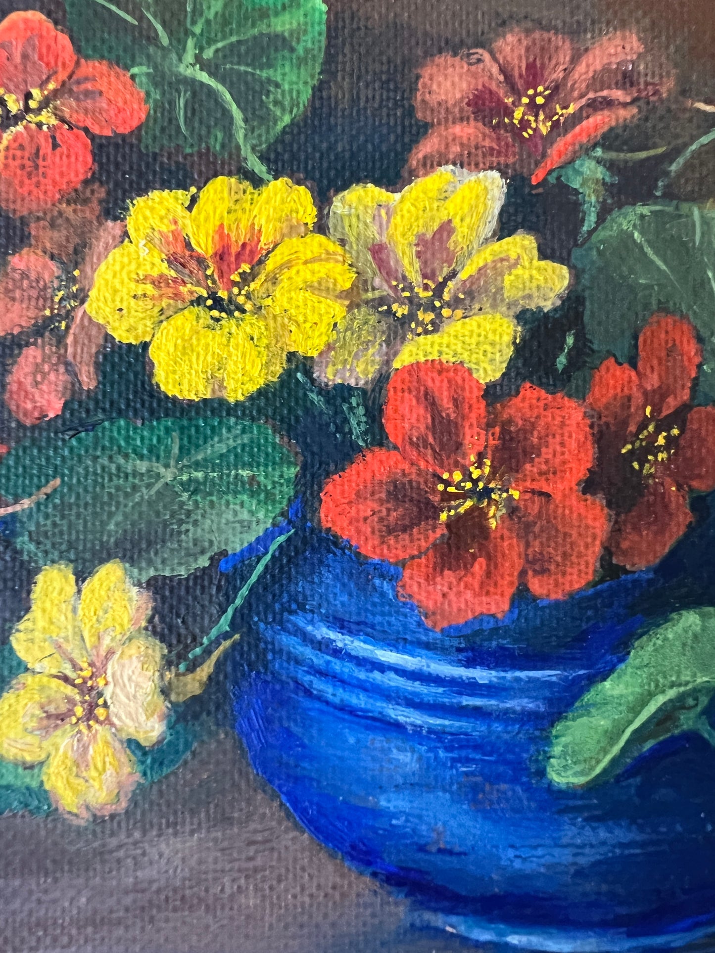 Vintage Still Life of Pansies in Blue Bowl in Black Laquer Frame