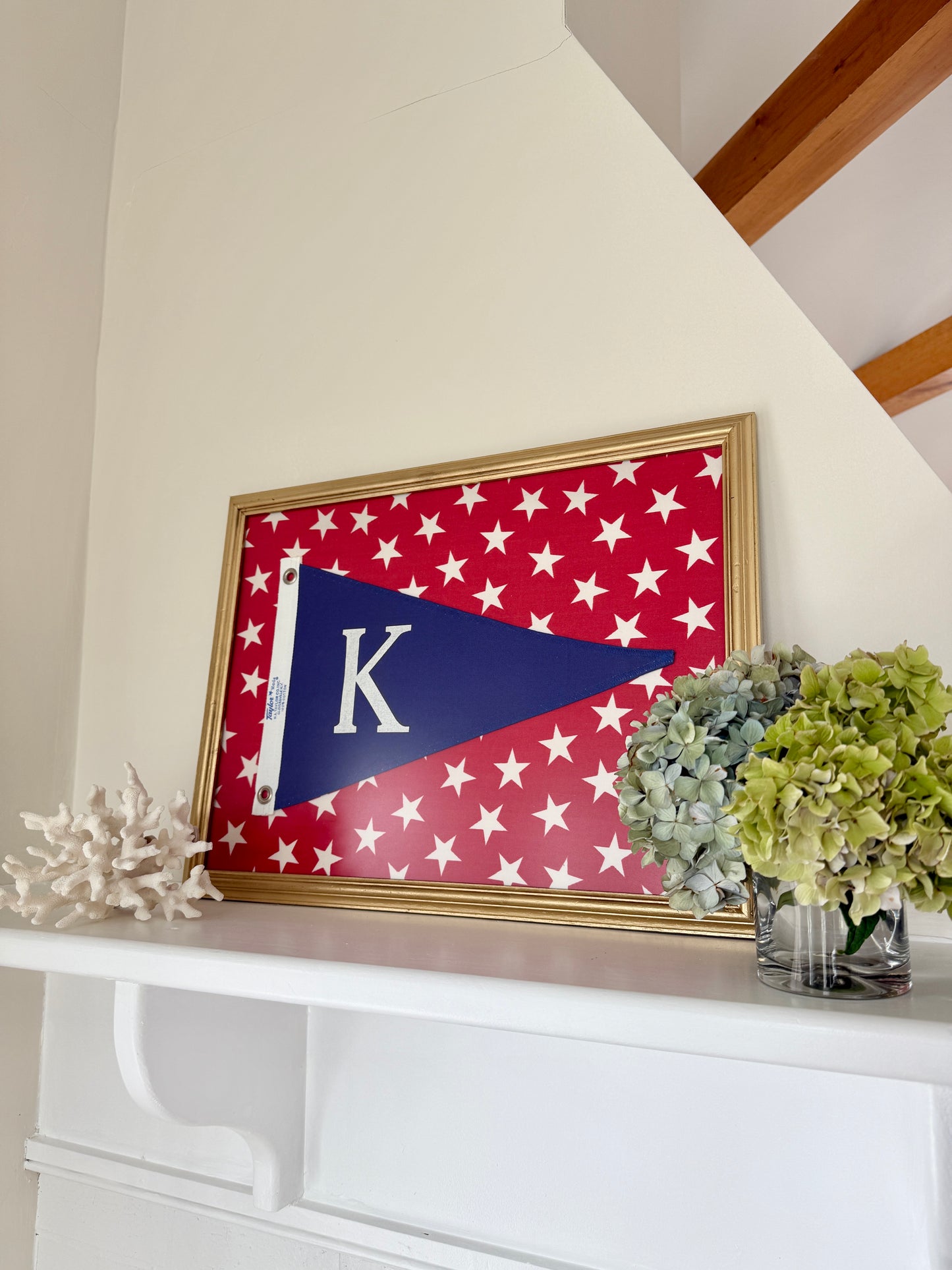 Vintage "K" Initial Canvas Burgee Nautical Flag on Red White Stars in Gold Frame