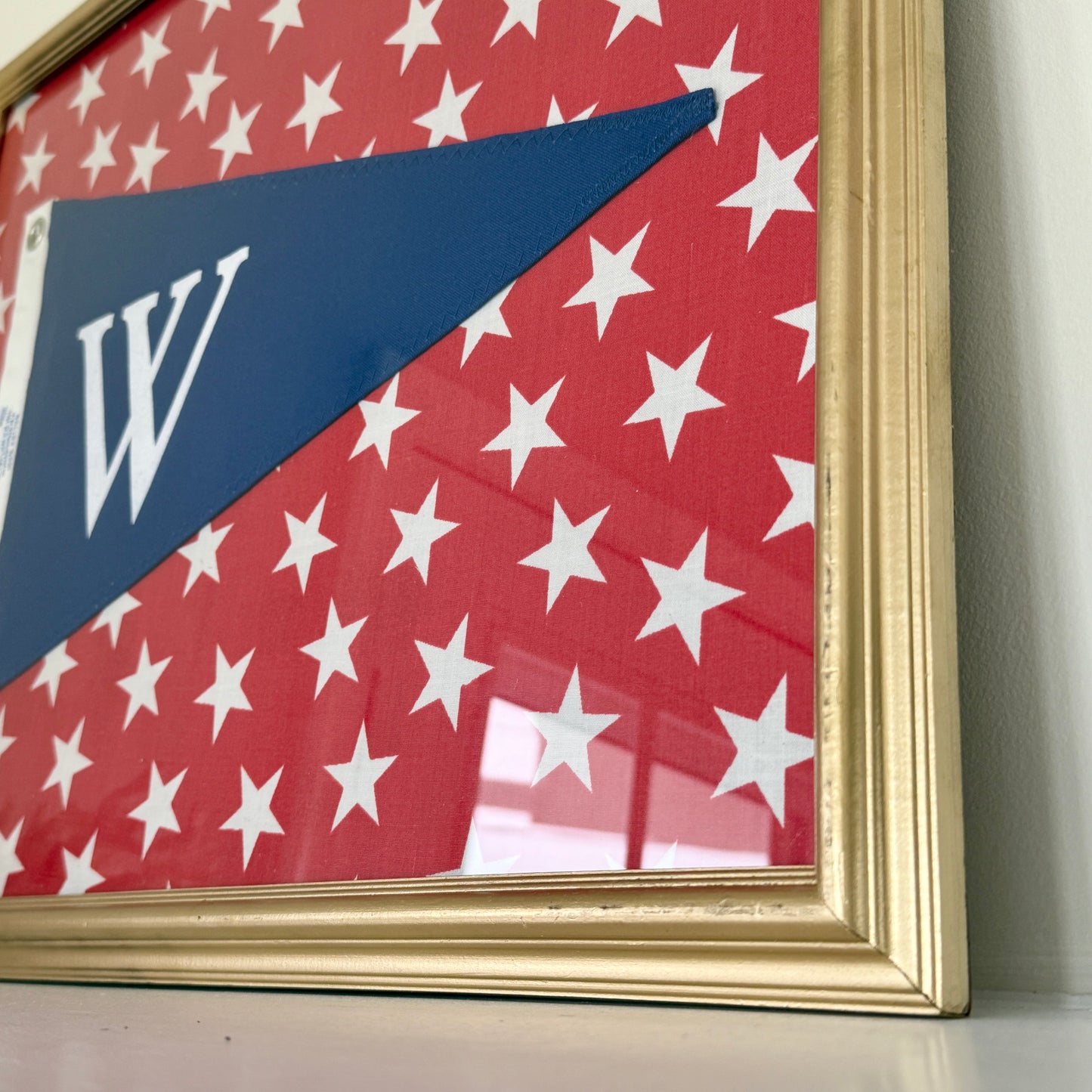 Vintage "W" Initial Canvas Burgee Nautical Flag on Red White Stars in Gold Frame