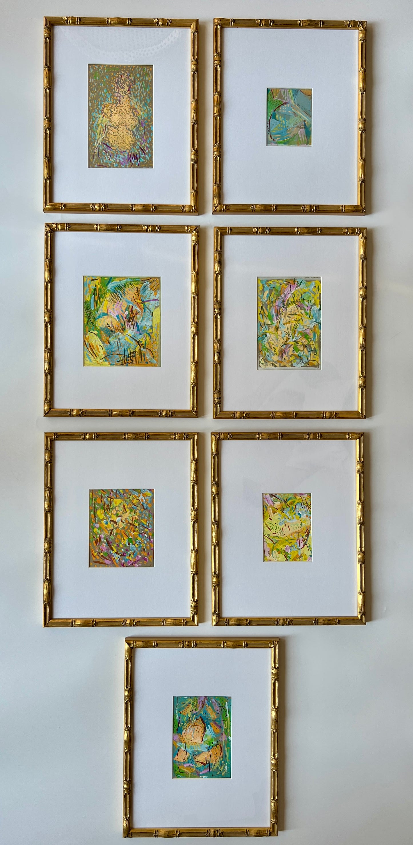 Vintage Colorful Large Abstract Oil Painting #15 in Light Gold Bamboo Frame
