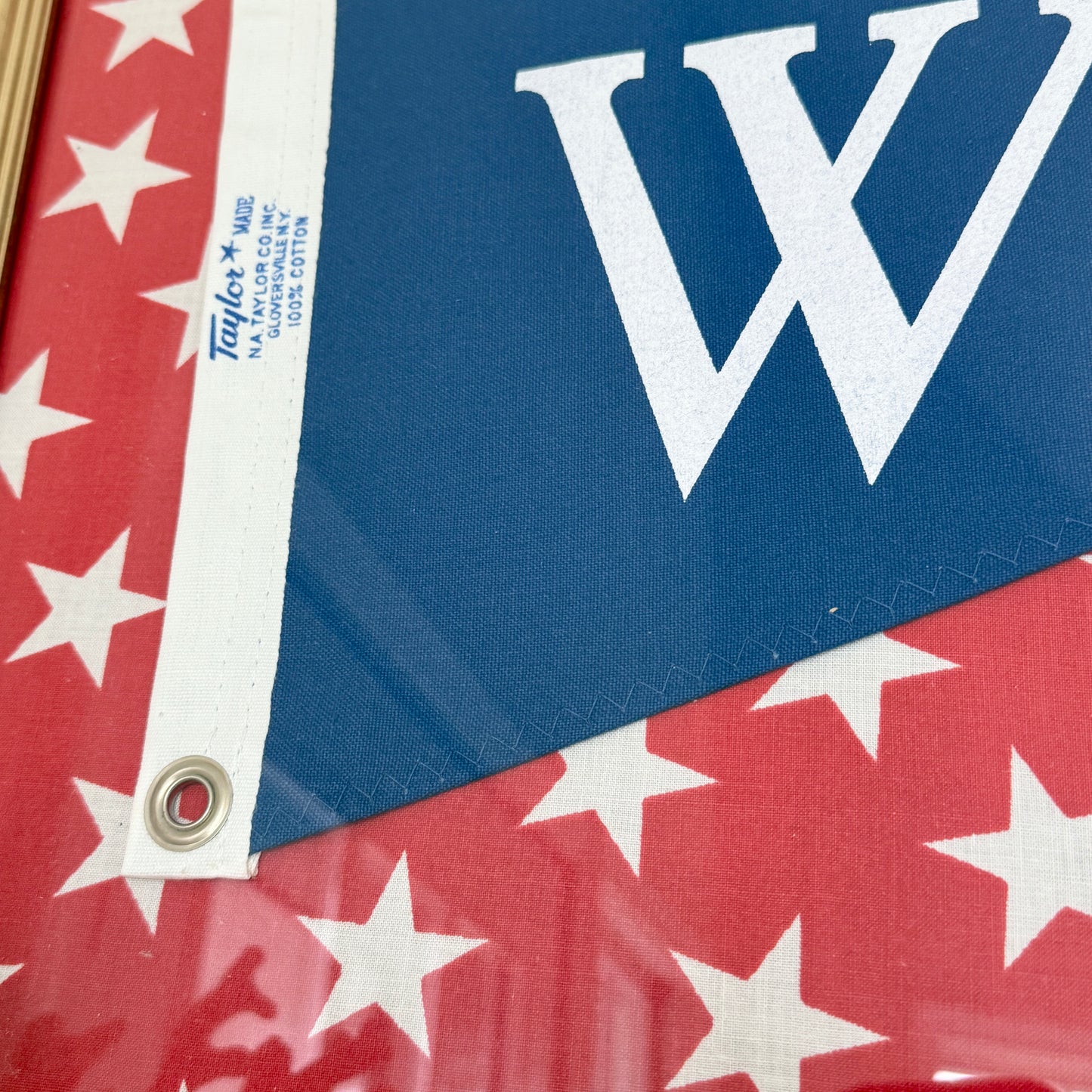 Vintage "W" Initial Canvas Burgee Nautical Flag on Red White Stars in Gold Frame