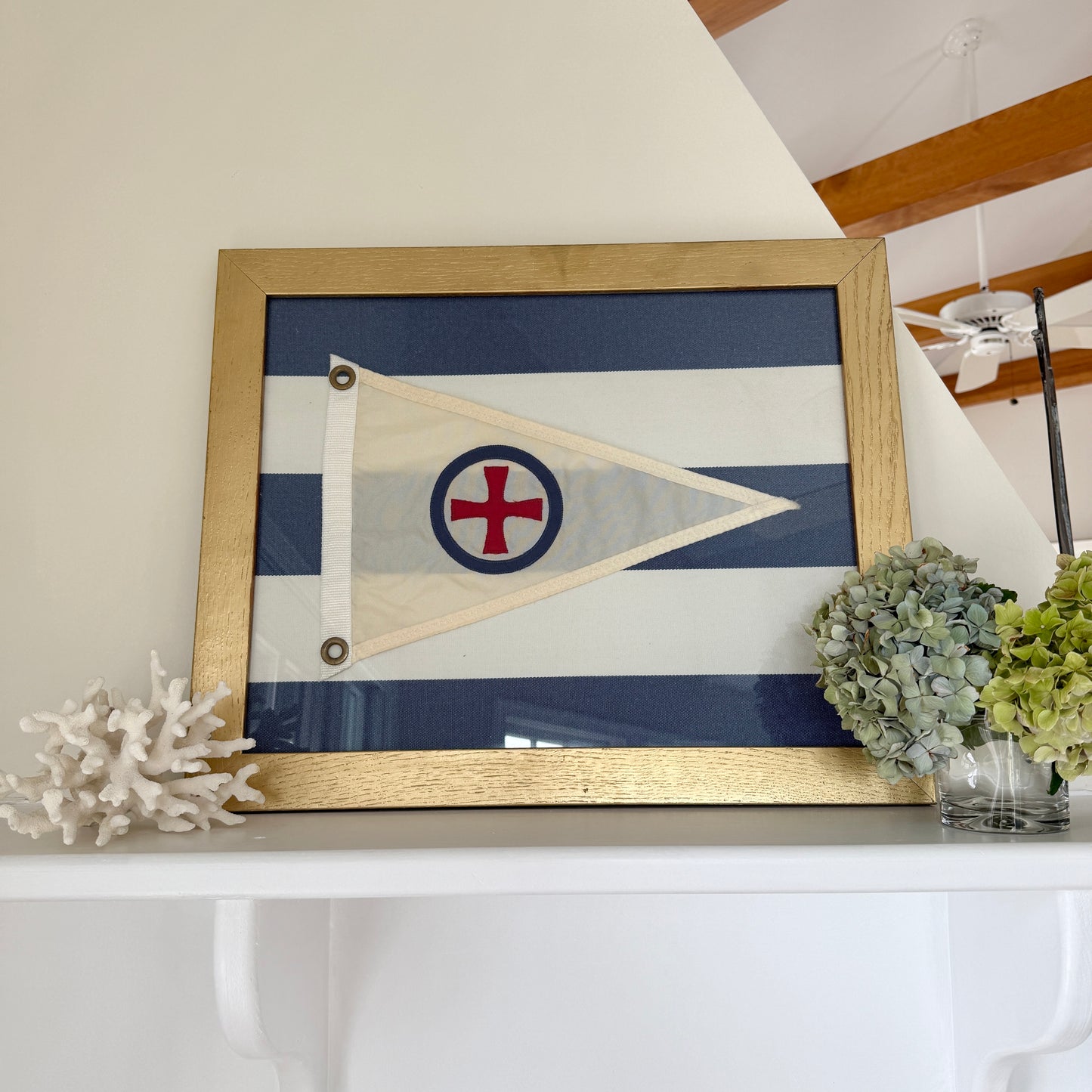 Vintage Yachting Burgee on Navy White Awning Stripe in Gold Frame