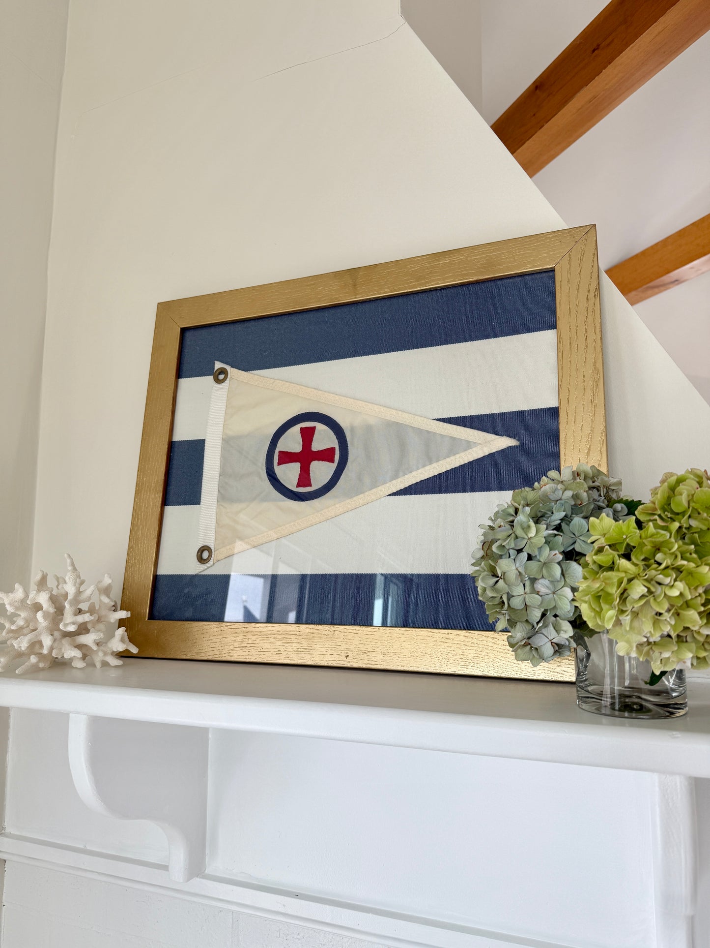 Vintage Yachting Burgee on Navy White Awning Stripe in Gold Frame