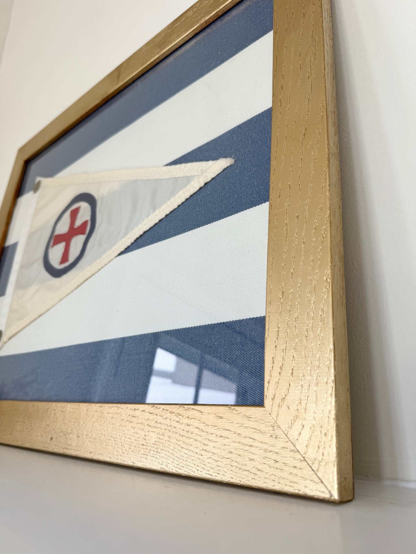 Vintage Yachting Burgee on Navy White Awning Stripe in Gold Frame