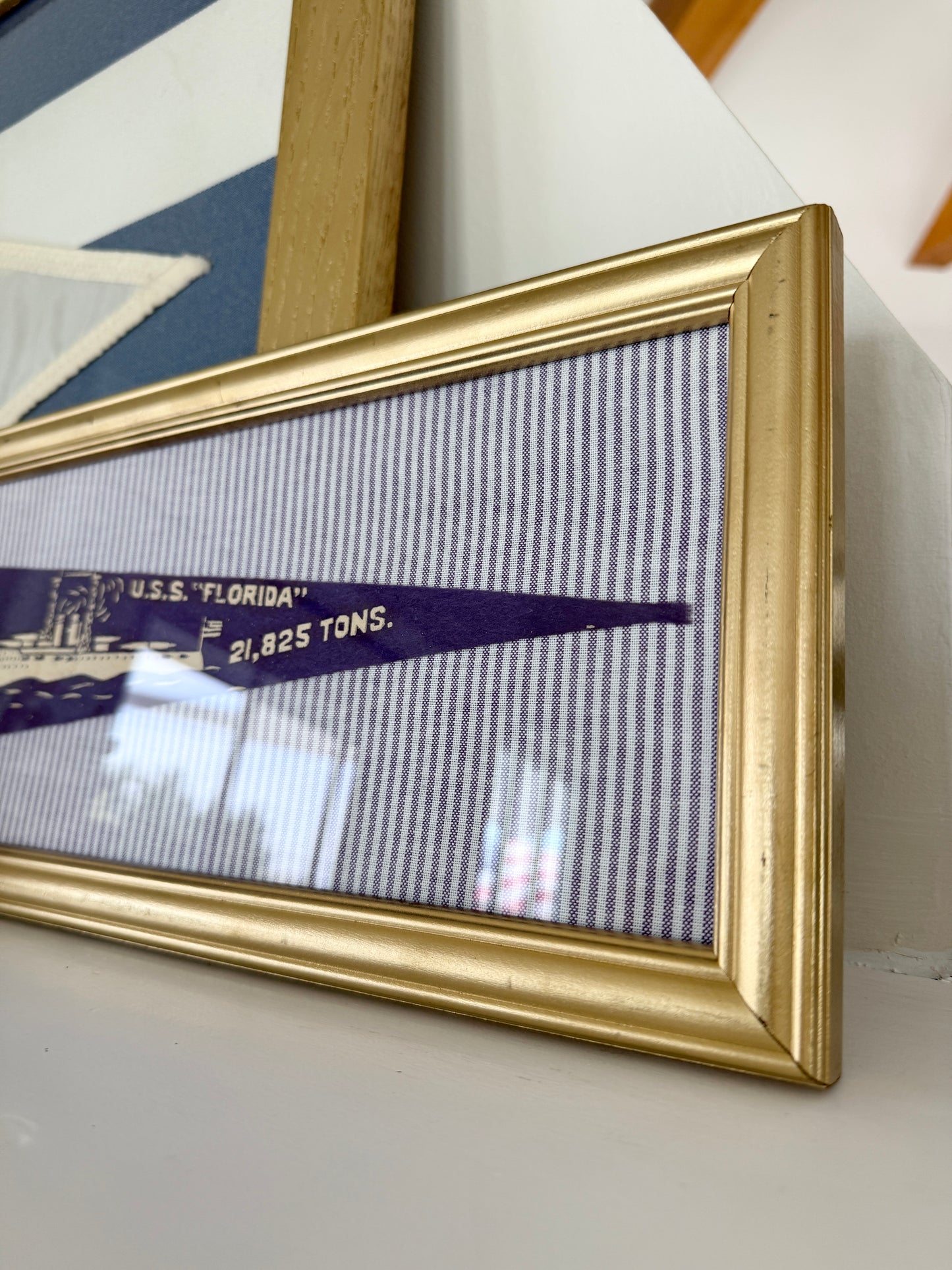 Early 20th Century U.S.S. Florida Naval Ship Wool Pennant on Lavender Ticking Stripes in Gold Frame