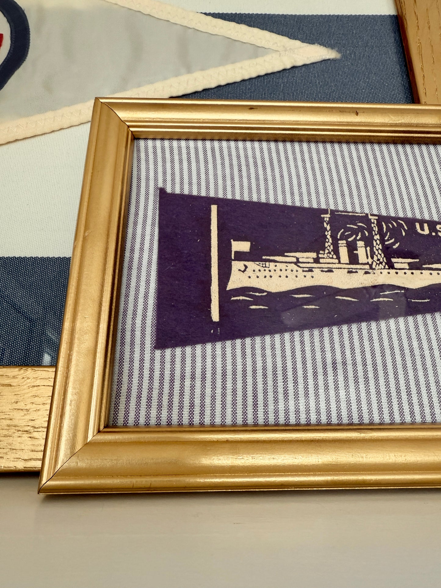 Early 20th Century U.S.S. Florida Naval Ship Wool Pennant on Lavender Ticking Stripes in Gold Frame