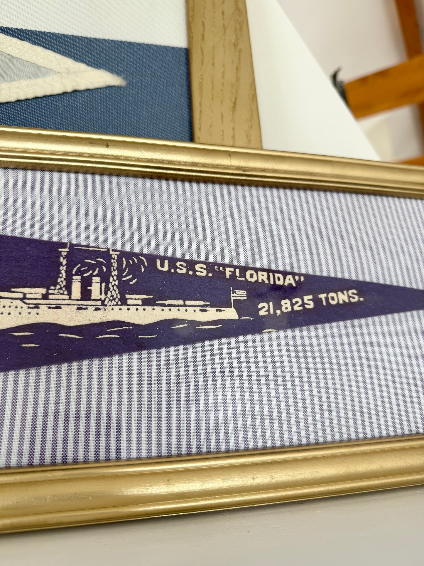 Early 20th Century U.S.S. Florida Naval Ship Wool Pennant on Lavender Ticking Stripes in Gold Frame