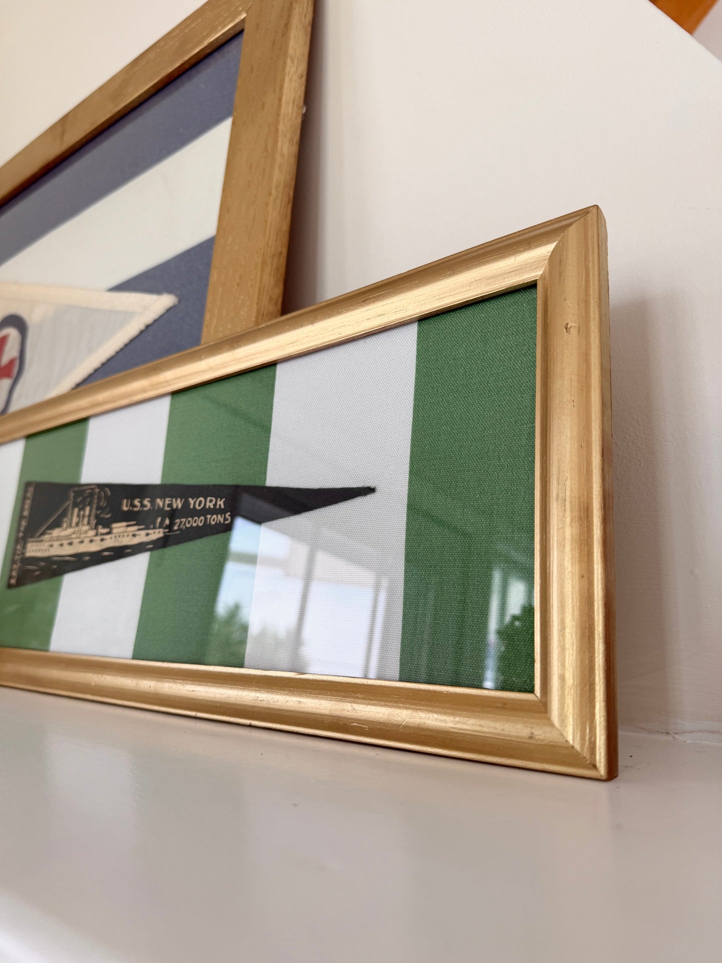 Early 20th Century U.S.S. New York Naval Ship Wool Pennant on Green Awning Stripes in Gold Frame
