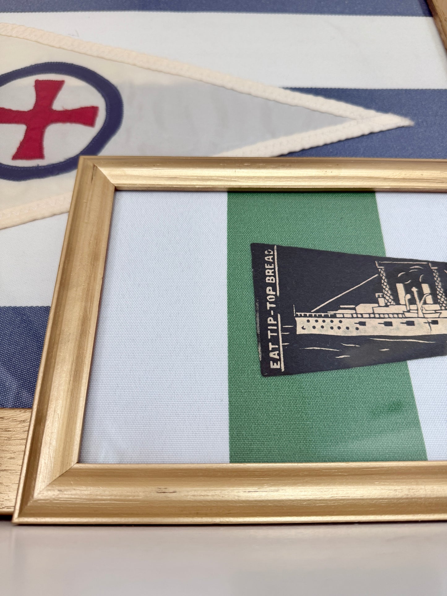 Early 20th Century U.S.S. New York Naval Ship Wool Pennant on Green Awning Stripes in Gold Frame