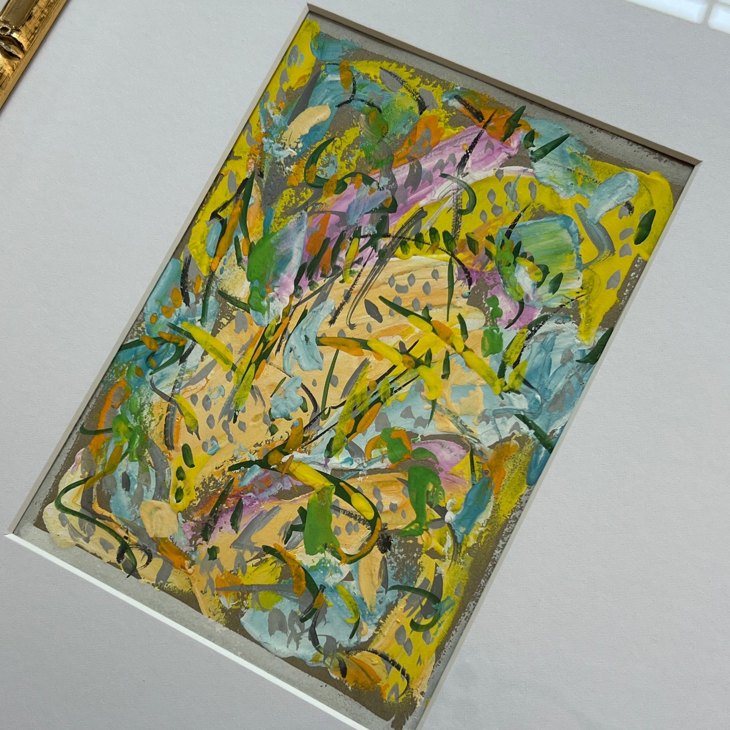 Vintage Colorful Large Abstract Oil Painting #19 in Light Gold Bamboo Frame