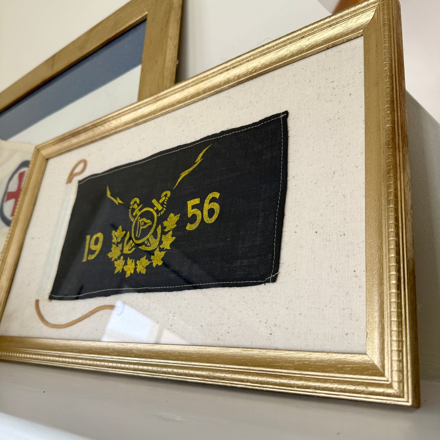 1956 Marine Wool Crossed Anchors Flag on Duck Cloth in Gold Frame