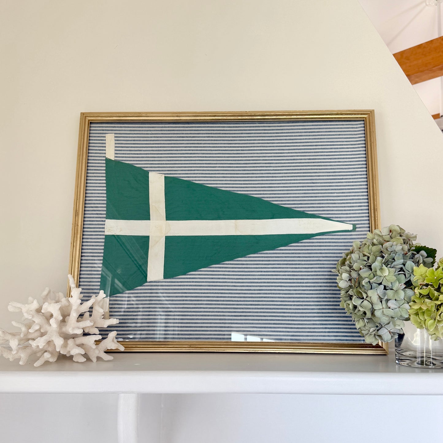 Vintage Homemade Green and White Nautical Burgee on Blue Ticking Stripes in Gold Frame