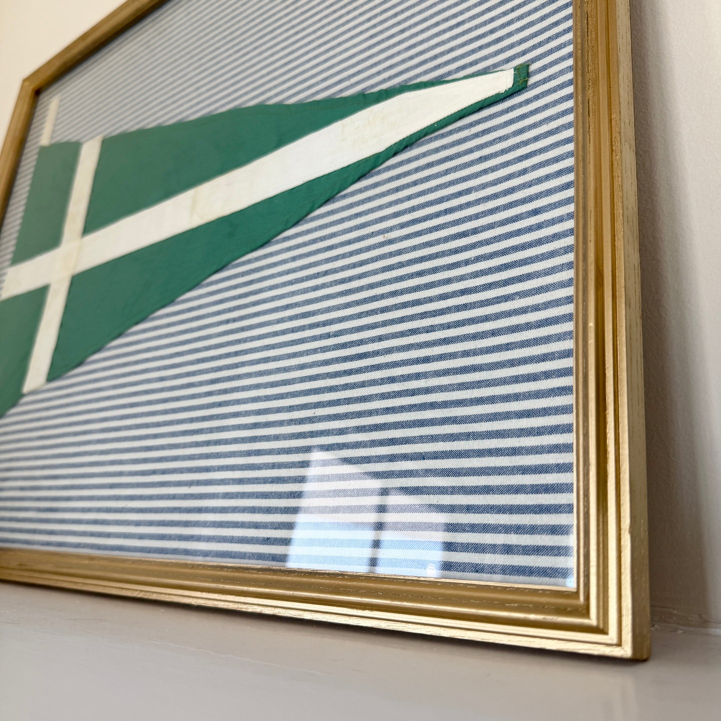 Vintage Homemade Green and White Nautical Burgee on Blue Ticking Stripes in Gold Frame