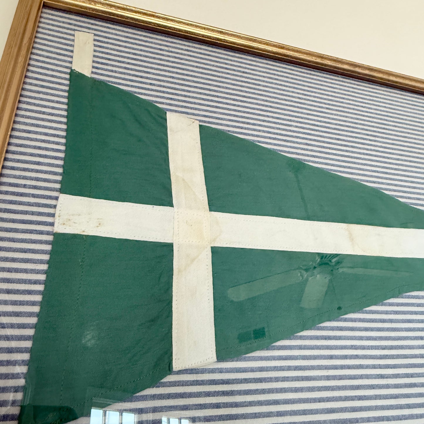 Vintage Homemade Green and White Nautical Burgee on Blue Ticking Stripes in Gold Frame