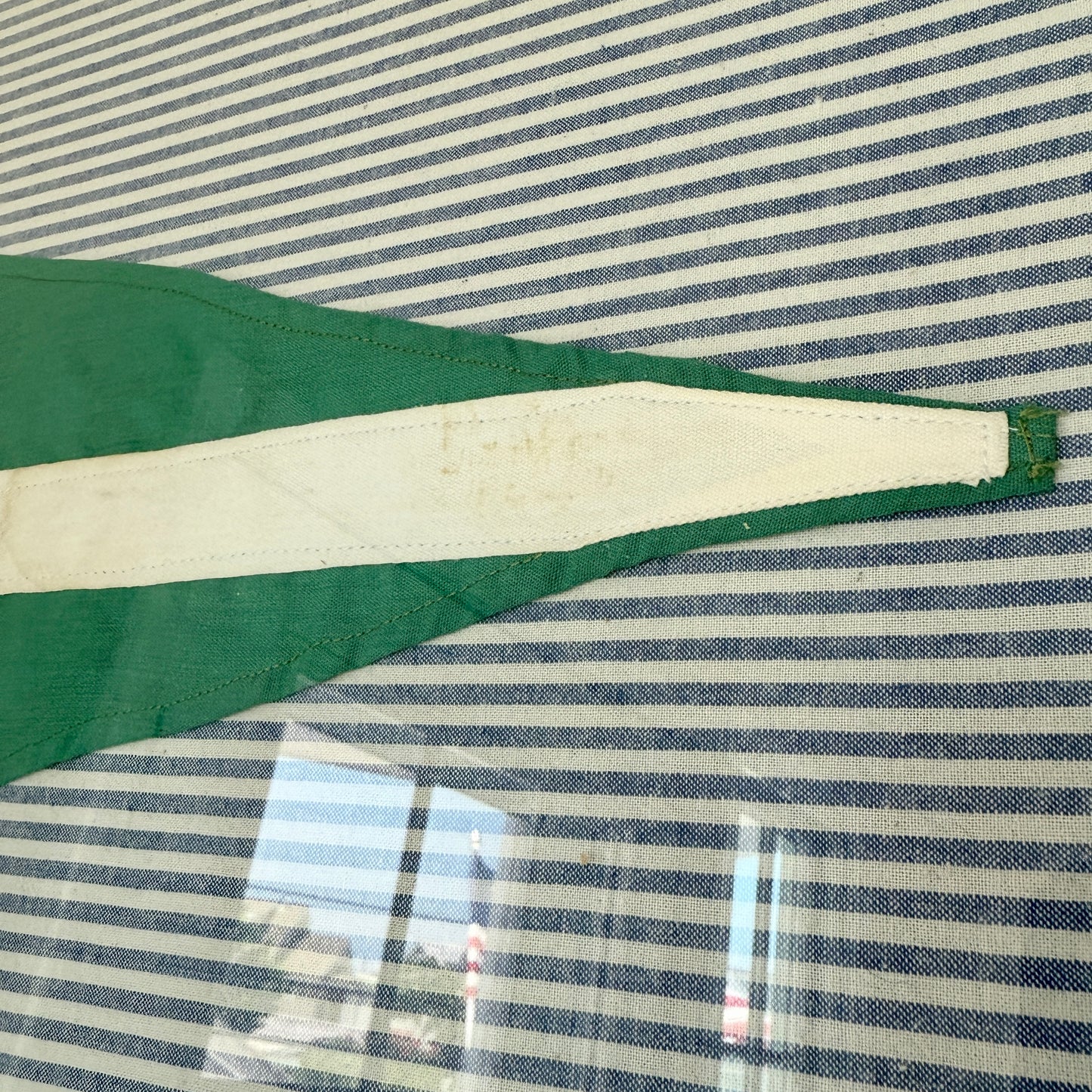 Vintage Homemade Green and White Nautical Burgee on Blue Ticking Stripes in Gold Frame
