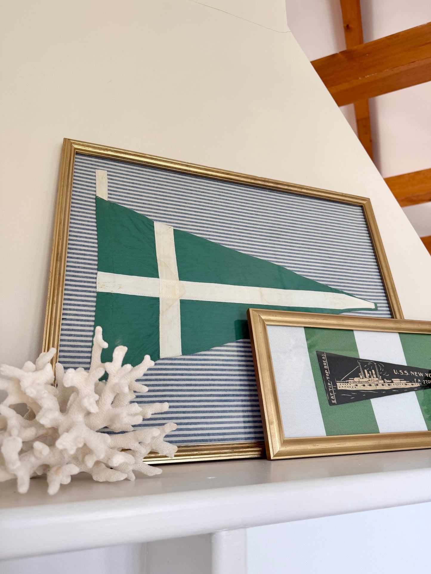 Vintage Homemade Green and White Nautical Burgee on Blue Ticking Stripes in Gold Frame
