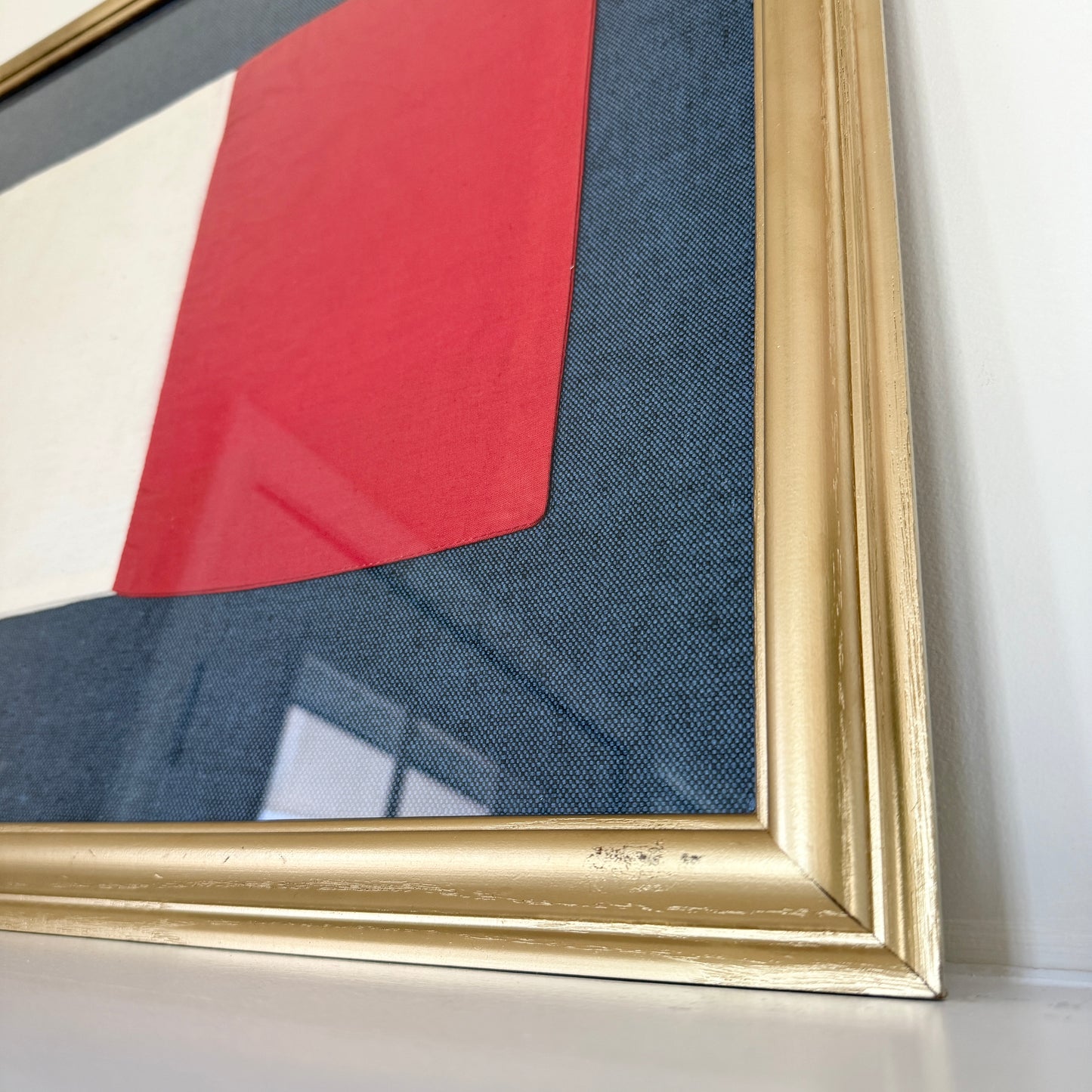 Vintage Cotton Canvas Nautical Yachting Signal Flag for "H" on Navy Pique in Gold Frame