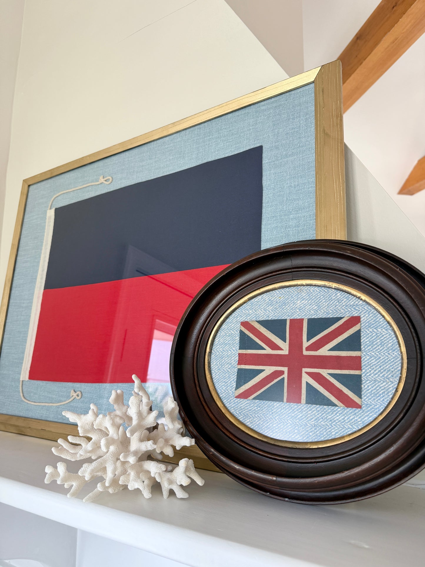 Vintage Union Jack British Parade Flag on Light Blue Herringbone in Antique Oval Wood Frame