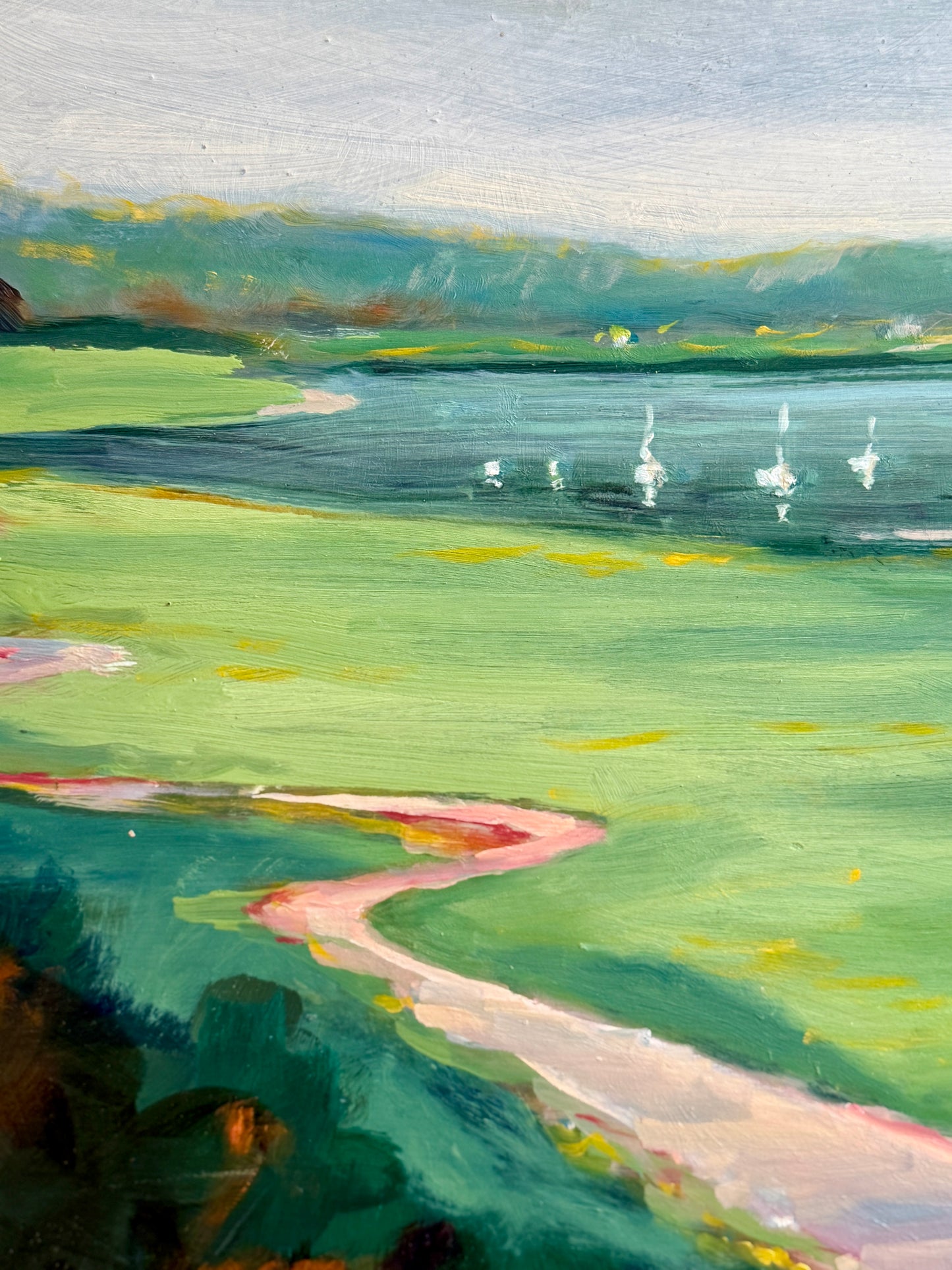 Harold Grote Waterside Landscape with Sailboats Oil Painting in Gold Frame